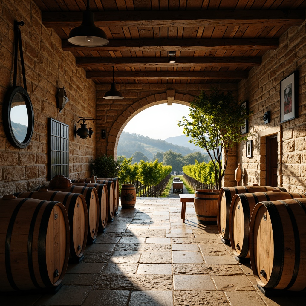 Prompt: Rustic winery, stone walls, wooden barrels, vintage wine-making equipment, earthy tones, warm lighting, dimly lit cellar, rough-hewn wood textures, distressed metal accents, natural stone floors, ornate ironwork, lush green vines, sprawling trellises, rolling hills, sunny afternoon, soft focus, atmospheric perspective, 1/1 composition, realistic wear and tear, ambient occlusion.