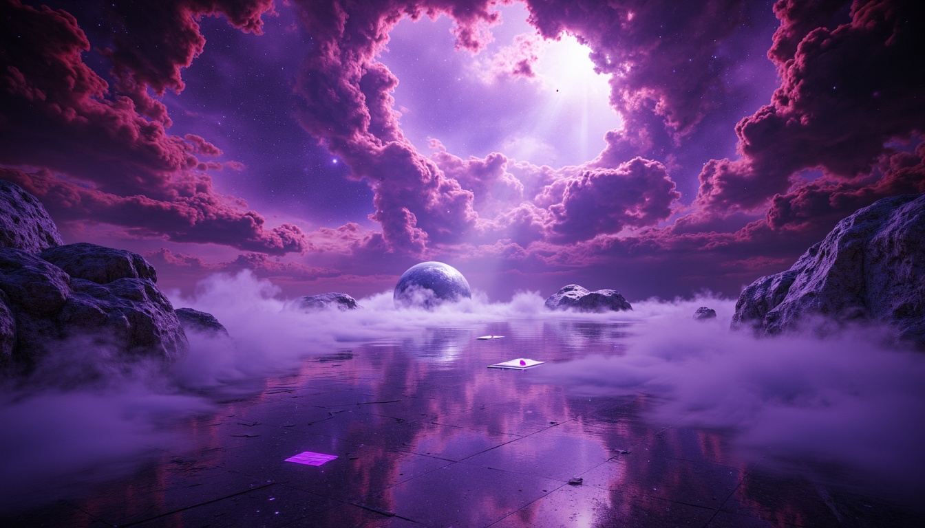 Prompt: Cosmic planetarium, swirling nebulae, starry night sky, vibrant purple hues, iridescent lighting effects, soft glow of luminescent orbs, ethereal misty atmosphere, futuristic space exploration theme, sleek metallic surfaces, neon-lit constellations, holographic projections, immersive 360-degree views, dramatic spotlighting, high-contrast cinematic lighting, warm ambient glow, glowing celestial bodies, atmospheric fog, mystical aura, dreamlike quality, surreal abstraction.