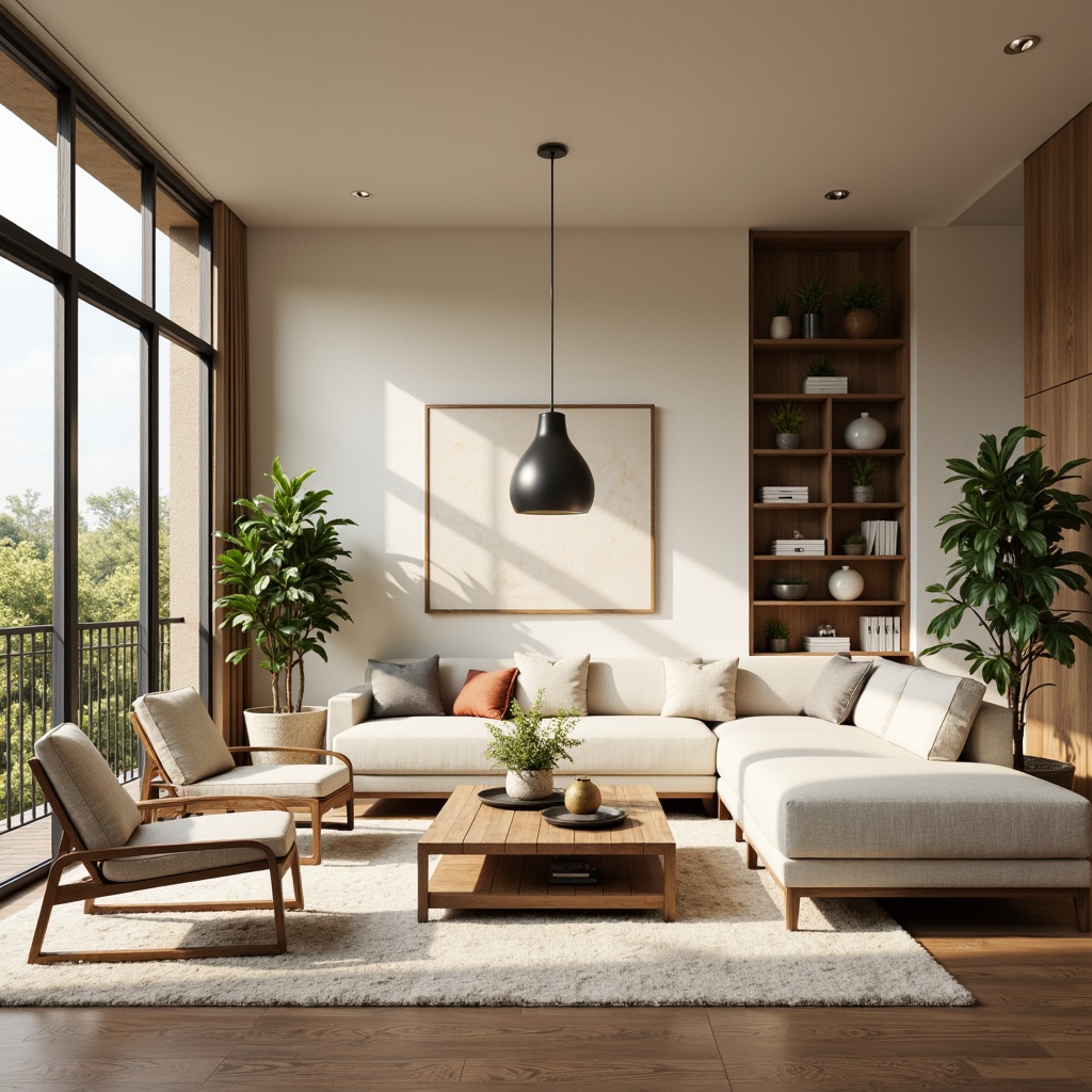 Prompt: Cozy living room, plush sectional sofa, wooden coffee table, potted plants, soft cream-colored rug, floor-to-ceiling windows, natural light, modern minimalist decor, calming beige walls, comfortable accent chairs, elegant pendant lighting, functional shelving units, organized storage spaces, harmonious color palette, 1/2 composition, warm atmospheric lighting, subtle texture variations.