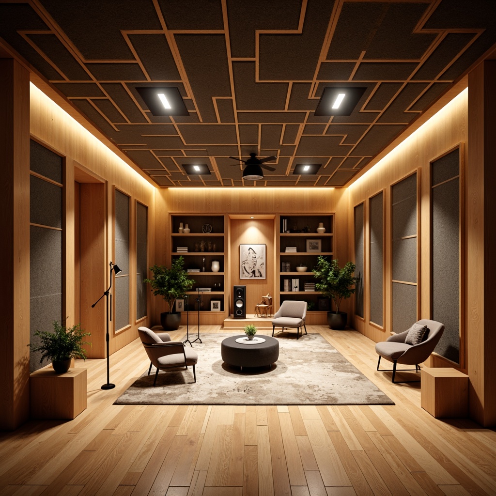 Prompt: Professional recording studio, soundproofed walls, acoustic panels, diffusion treatments, bass traps, microphone stands, pop filters, sound-absorbing materials, wooden flooring, minimalist decor, natural lighting, comfortable seating, state-of-the-art equipment, high-ceilinged room, asymmetrical design, precise speaker placement, calibrated monitoring system, warm and intimate atmosphere, softbox construction, fabric-wrapped panels, geometric patterns, rich wood tones, subtle color scheme, ambient sound reduction, 1/1 composition, shallow depth of field, realistic textures.