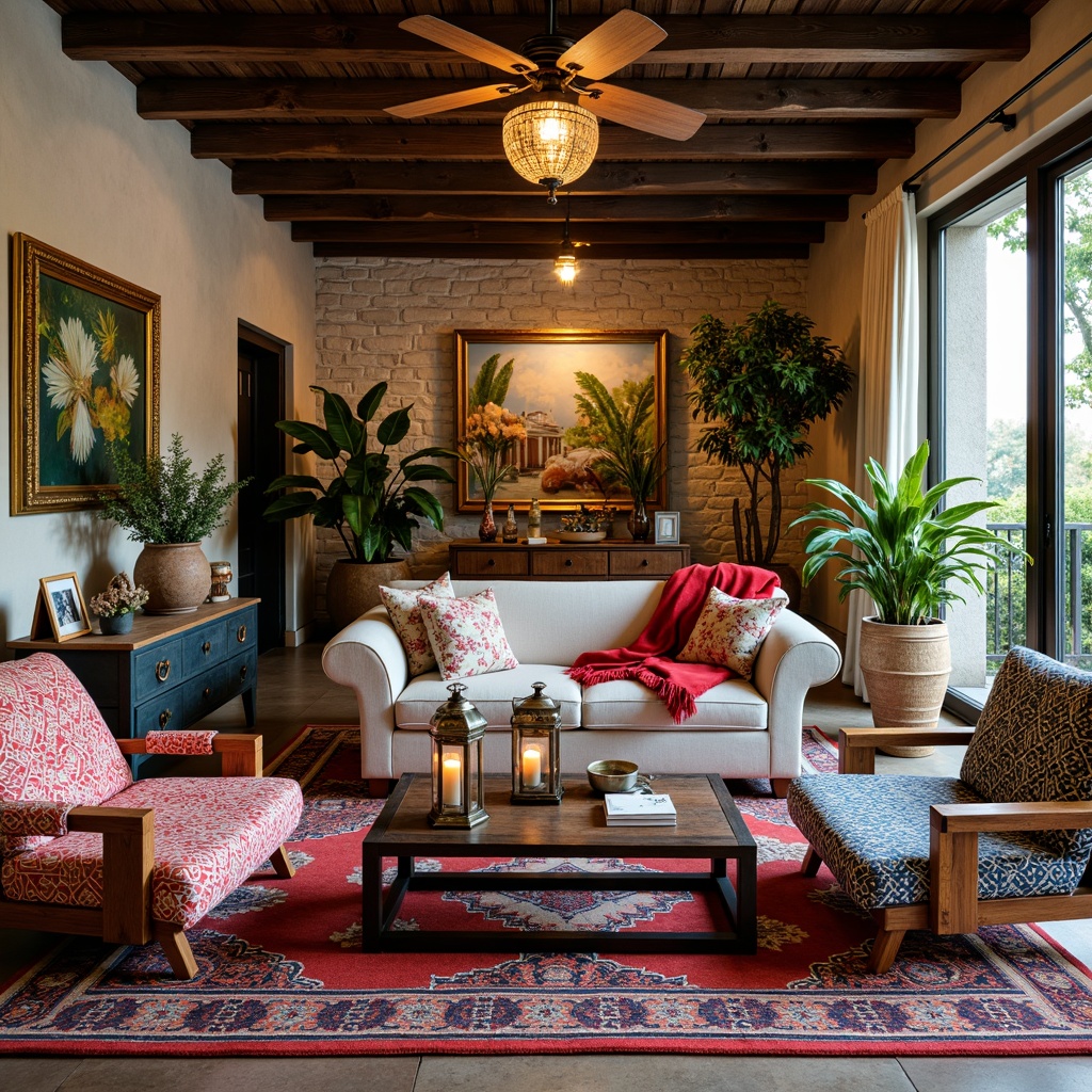 Prompt: Vibrant eclectic interior, bold mix-and-match furniture, vintage armchairs, distressed wood coffee tables, colorful Moroccan tiles, ornate metal lanterns, lush greenery, patterned rugs, statement artwork, global-inspired textiles, antique decorative objects, natural stone walls, industrial metal beams, reclaimed wood accents, bohemian-chic ambiance, warm golden lighting, 1/2 composition, shallow depth of field, soft focus.