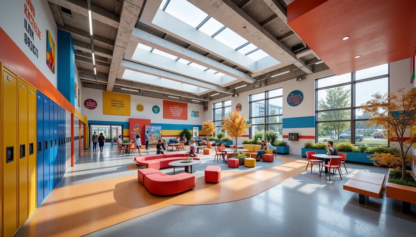 Prompt: Vibrant high school interior, bold color scheme, energetic atmosphere, modern furniture, collaborative learning spaces, inspirational quotes, abstract artwork, geometric patterns, bright corridors, lockers with fun designs, diverse student lounge areas, technology-integrated classrooms, acoustic panels, sound-absorbing materials, natural light influx, clerestory windows, open ceilings, industrial-chic decor, exposed ductwork, polished concrete floors, youthful color accents, motivational wall graphics.