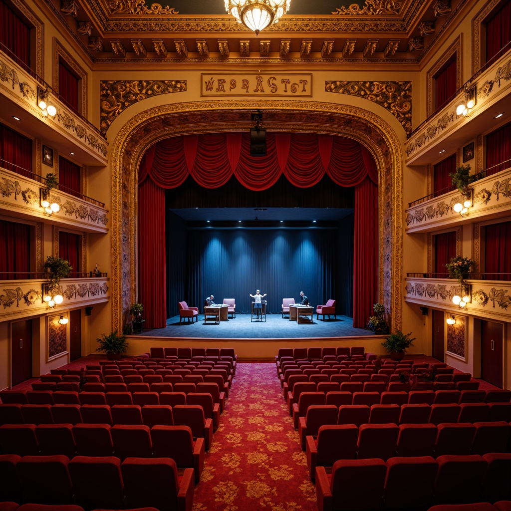 Prompt: Elegant theater interior, curved rows of seats, plush red velvet upholstery, golden ornate details, grand stage presence, dramatic spotlights, soft warm ambiance, subtle fragrance, refined wood accents, intricate ceiling patterns, sophisticated sound systems, acoustic paneling, comfortable audience seating, relaxed viewing angles, intimate performance settings, 3/4 composition, shallow depth of field, panoramic view, realistic textures, ambient occlusion.