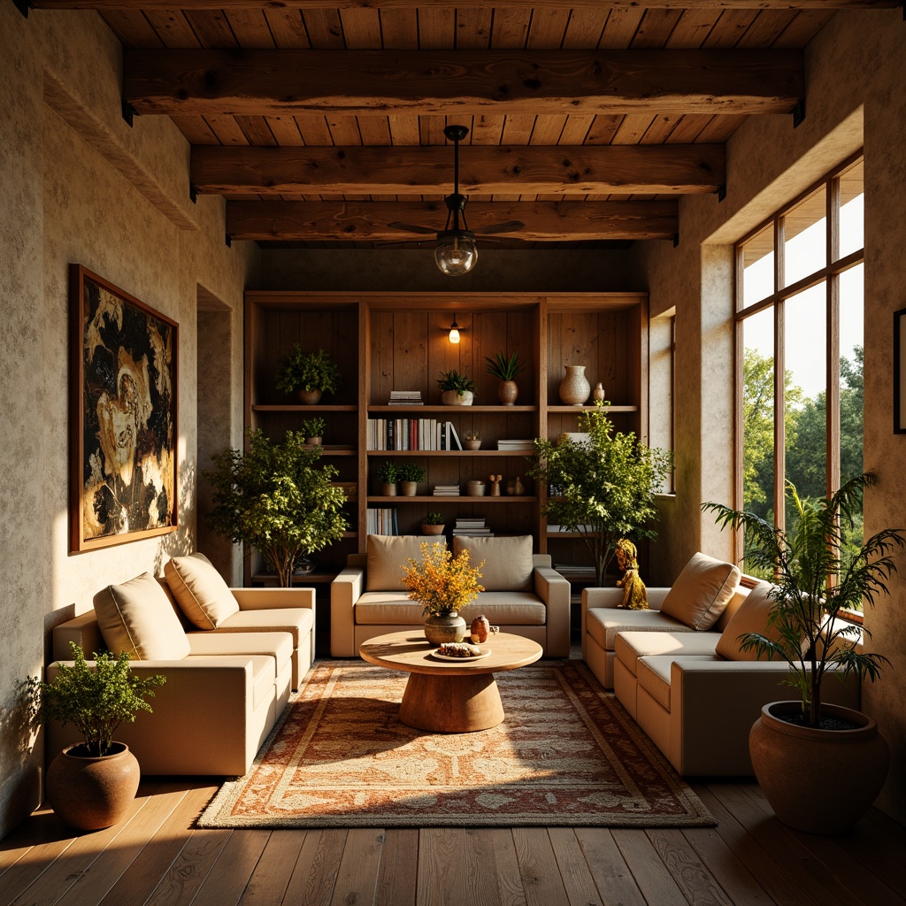 Prompt: Warm golden lighting, rich wood tones, soft beige textures, vintage decorative accents, earthy terracotta pots, lush greenery, distressed metal frames, natural stone walls, cozy reading nooks, plush velvet upholstery, warm candlelight, shallow depth of field, 2/3 composition, rustic charm, nostalgic ambiance.