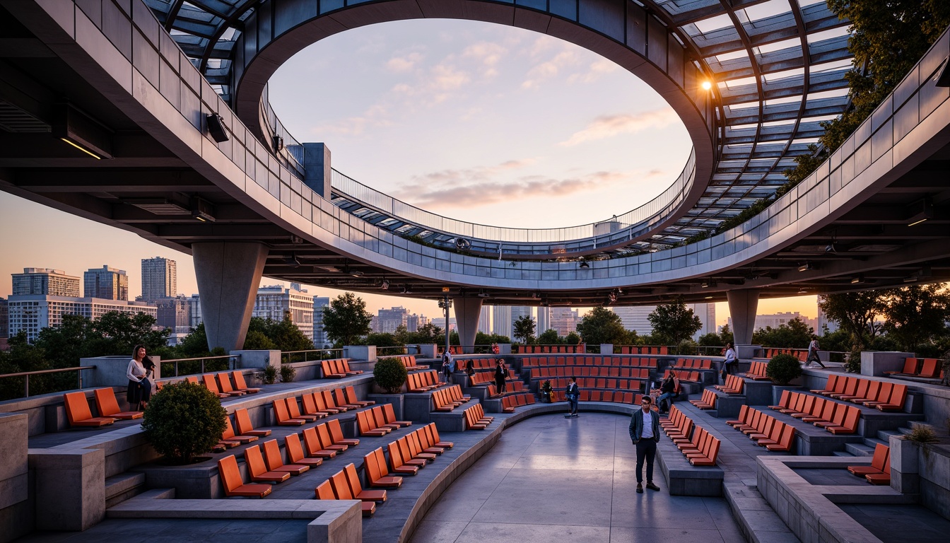 Prompt: Curved tiered seating, sleek metal frameworks, vibrant color accents, futuristic architecture, modern amphitheater design, gradient audience sectioning, LED stage lighting, dynamic sound systems, comfortable ergonomic chairs, minimalist railings, polished concrete floors, urban cityscape backdrop, warm golden hour lighting, shallow depth of field, 3/4 composition, realistic textures, ambient occlusion.