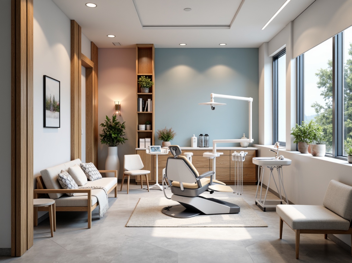 Prompt: Bright Nordic dental clinic, calming blue-gray tones, soft peach accents, creamy whites, natural wood textures, minimalist decor, sleek metal equipment, modern Scandinavian furniture, cozy throw blankets, warm overhead lighting, shallow depth of field, 1/2 composition, realistic reflections, ambient occlusion.