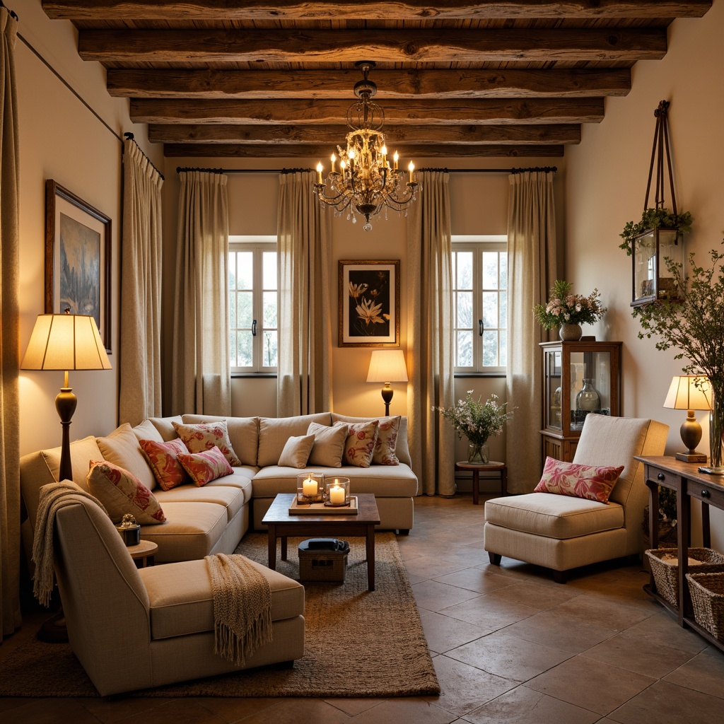 Prompt: Rustic French country style, warm soft lighting, distressed wood beams, vintage metal lanterns, candles in mercury glass holders, ornate chandeliers, cream-colored walls, natural stone floors, plush velvet drapes, flower-patterned upholstery, soft pastel colors, warm beige tones, intimate cozy atmosphere, layered lighting effects, table lamps with linen shades, floor lamps with burlap patterns, string lights with tiny flowers, warm golden glow, romantic ambiance, French provincial charm.