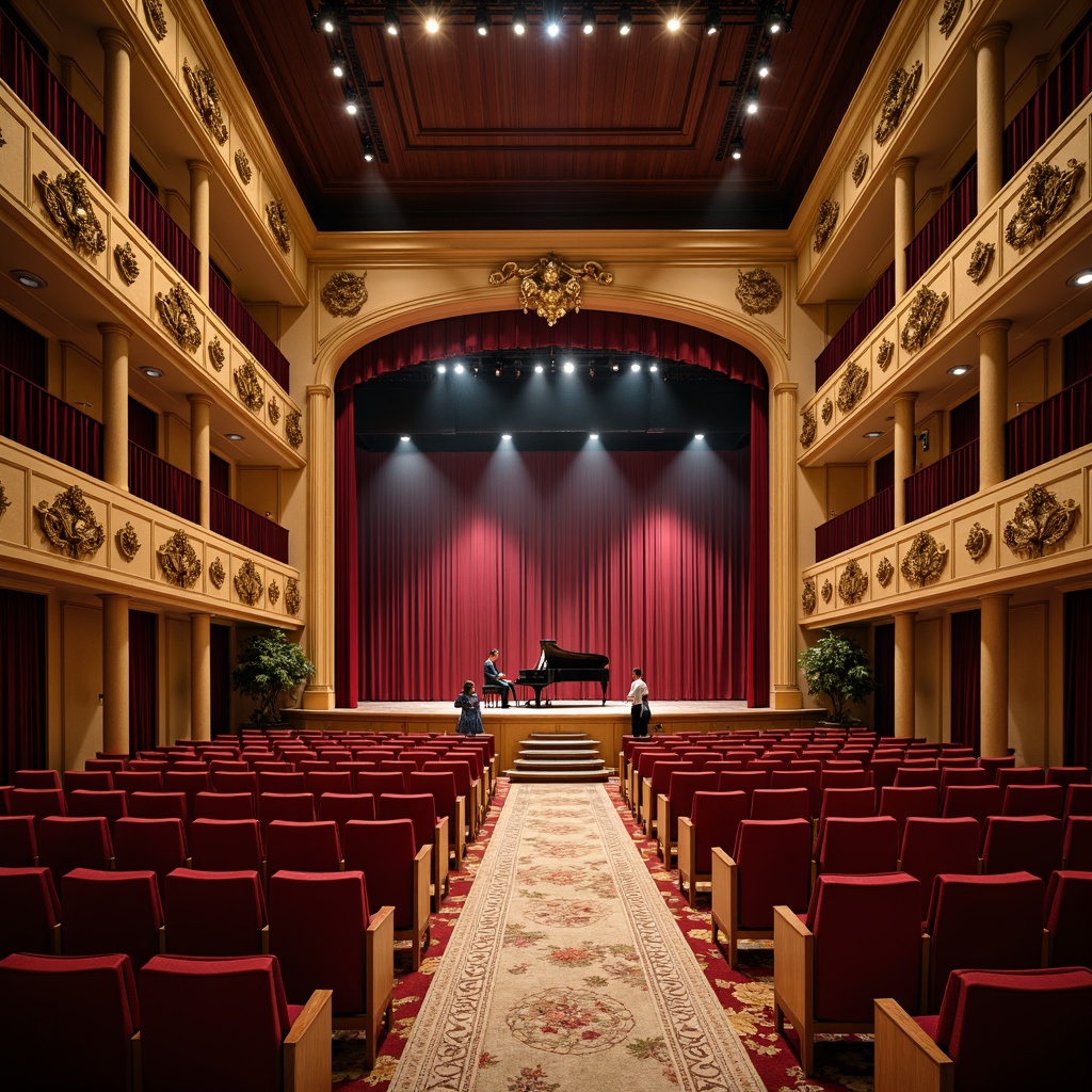 Prompt: Elegant concert hall, refined wooden flooring, plush crimson seats, ornate golden balconies, sophisticated stage lighting, grand piano performances, intimate audience settings, velvet drapes, richly patterned carpets, luxurious VIP areas, comfortable aisle seating, ample legroom, wheelchair accessibility, subtle ambient illumination, 1/1 composition, shallow depth of field, realistic textures, soft focus blur.