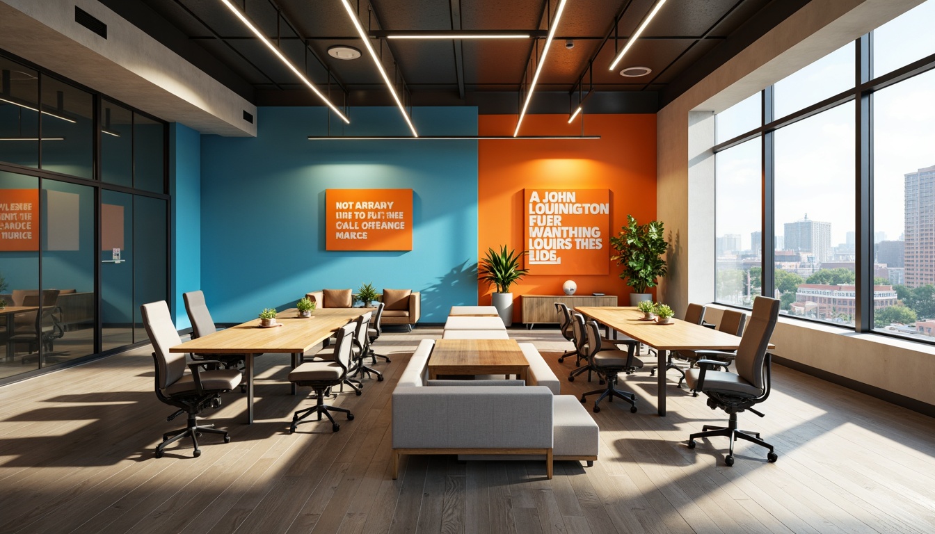 Prompt: Vibrant business setting, modern conference room, sleek wooden tables, ergonomic chairs, motivational quotes, bright accent walls, calming blue tones, energizing orange hues, neutral beige backgrounds, sophisticated gray scales, natural light pouring in, floor-to-ceiling windows, urban cityscape views, subtle texture overlays, atmospheric glow lighting, shallow depth of field, 1/1 composition, realistic renderings, ambient occlusion.