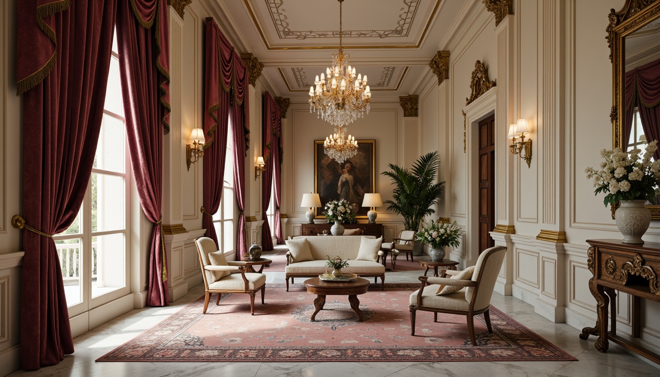 Prompt: Rich velvet fabrics, subtle sheen, ornate patterns, classic florals, elegant stripes, luxurious silks, heavy drapery, opulent tassels, refined damasks, sophisticated brocades, stately furniture upholstery, carved wooden accents, gilded details, creamy whites, warm beiges, soft grays, majestic columns, ornamental moldings, crystal chandeliers, lavish furnishings, exquisite marble floors, dramatic ceiling heights, cinematic lighting, 1/1 composition, shallow depth of field.