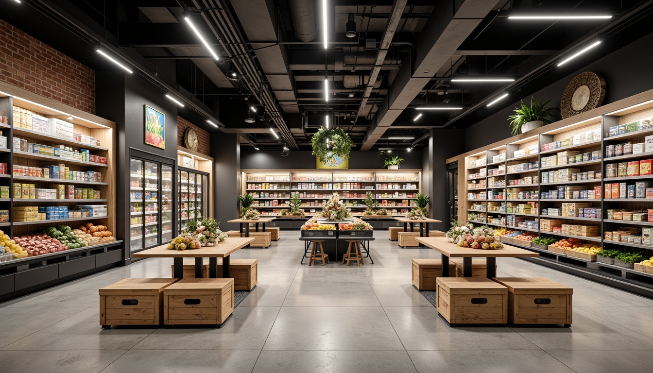 Prompt: Modern grocery store interior, sleek shelving units, adjustable metal shelves, wooden crates, vibrant product displays, LED lighting, cool neutral tones, polished concrete floors, urban industrial feel, open ceiling, minimalist decor, rustic wood accents, abundant natural light, shallow depth of field, 1/2 composition, realistic textures, ambient occlusion.