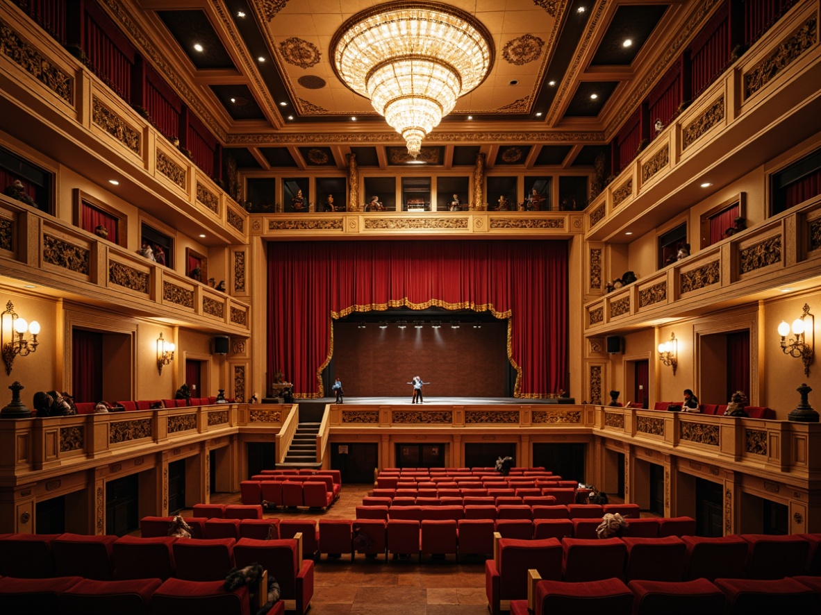 Prompt: Grand opera house, opulent chandeliers, red velvet curtains, golden ornate details, sweeping staircases, spacious foyer, elegant balconies, intimate seating areas, acoustic panels, soundproofing materials, subtle lighting effects, dramatic stage presence, 3/4 composition, panoramic view, realistic textures, ambient occlusion.