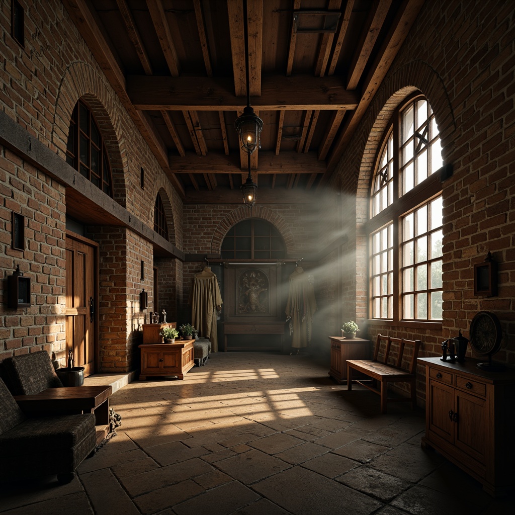 Prompt: Rustic monastery interior, exposed wooden beams, distressed stone walls, industrial metal fixtures, reclaimed wood accents, dim warm lighting, atmospheric fog, mysterious ambiance, aged brick arches, ornate Gothic windows, heavy wooden doors, spiritual artifacts, vintage furniture pieces, earthy color palette, natural textures, shallow depth of field, 1/2 composition, cinematic view, realistic rendering, ambient occlusion.