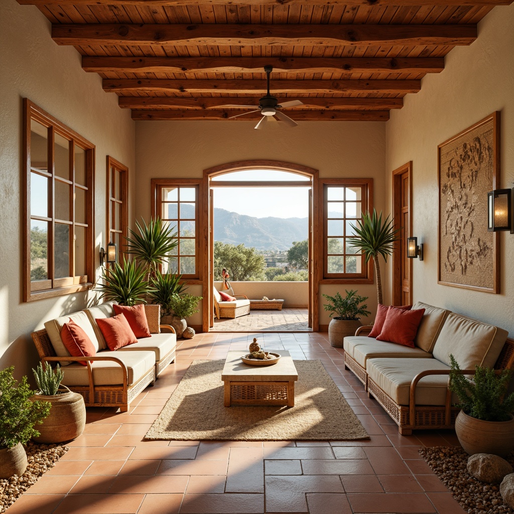 Prompt: Earthy southwestern abode, warm beige walls, rustic wooden accents, turquoise ceramic tiles, vibrant coral hues, sandy dune-inspired flooring, natural linen textiles, woven wicker furniture, distressed leather upholstery, earthy terracotta pots, succulent greenery, arid landscape views, warm golden lighting, shallow depth of field, 3/4 composition, realistic textures.