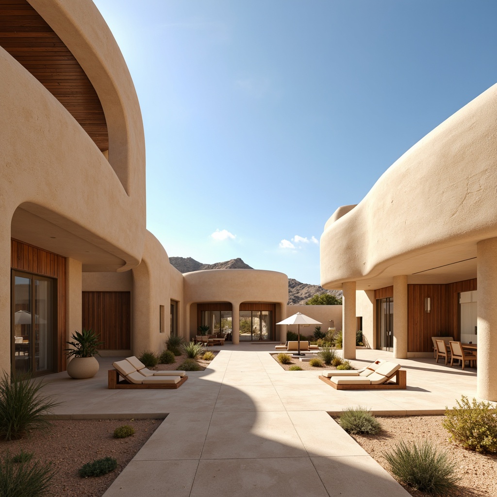 Prompt: Adobe earth-toned buildings, curved lines, organic shapes, large overhanging roofs, shaded outdoor spaces, clerestory windows, high ceilings, interior courtyards, natural stone walls, wooden accents, minimalist decor, warm beige colors, sandy dunes, cactus plants, hot sunny day, clear blue sky, vast open space, panoramic views, realistic textures, ambient occlusion, soft warm lighting, shallow depth of field, 3/4 composition.