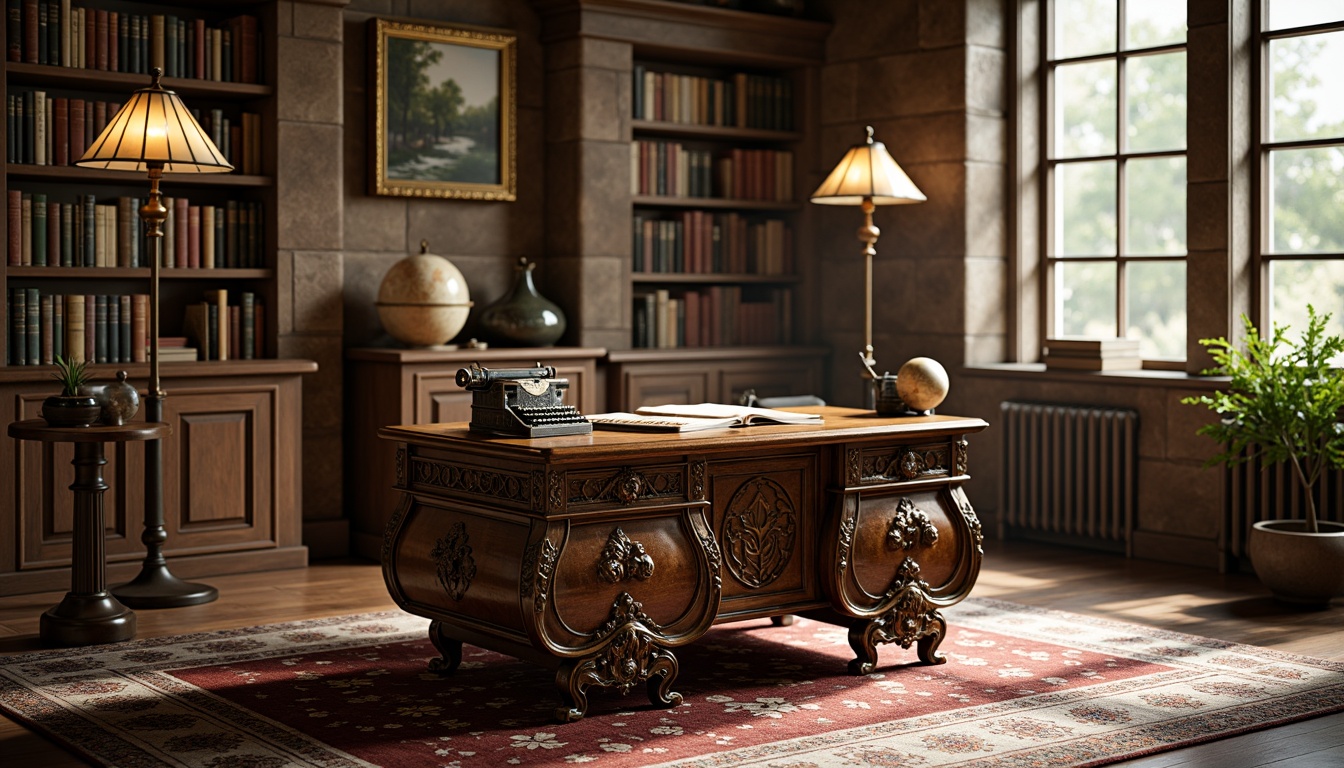 Prompt: Intricate wooden desk, curved legs, ornate metalwork, flowing botanical patterns, stained glass lampshades, rich velvet upholstery, plush area rugs, warm golden lighting, subtle scent of old books, elegant typewriter, vintage globe, inspirational art pieces, natural stone walls, high ceilings, large windows, soft diffused light, shallow depth of field, 3/4 composition, realistic textures, ambient occlusion.