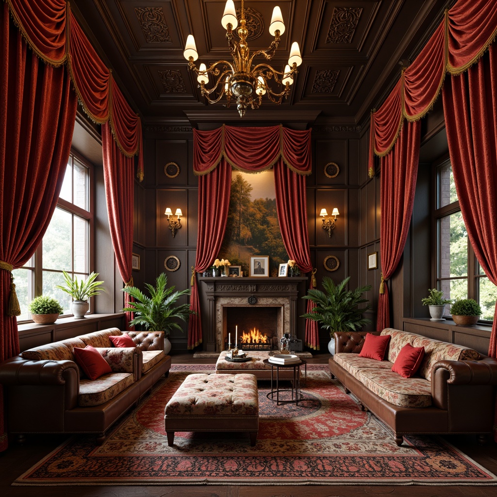 Prompt: Rich velvet fabrics, intricate brocade patterns, ornate golden accents, luxurious silk textures, heavy drapery, lavish upholstery, distressed leather armchairs, tufted ottomans, antique wooden furniture, carved paneling, rustic stone walls, grand chandeliers, warm candlelight, atmospheric shadows, Renaissance-inspired motifs, opulent color palette, 3/4 composition, realistic fabric rendering, detailed normal maps.