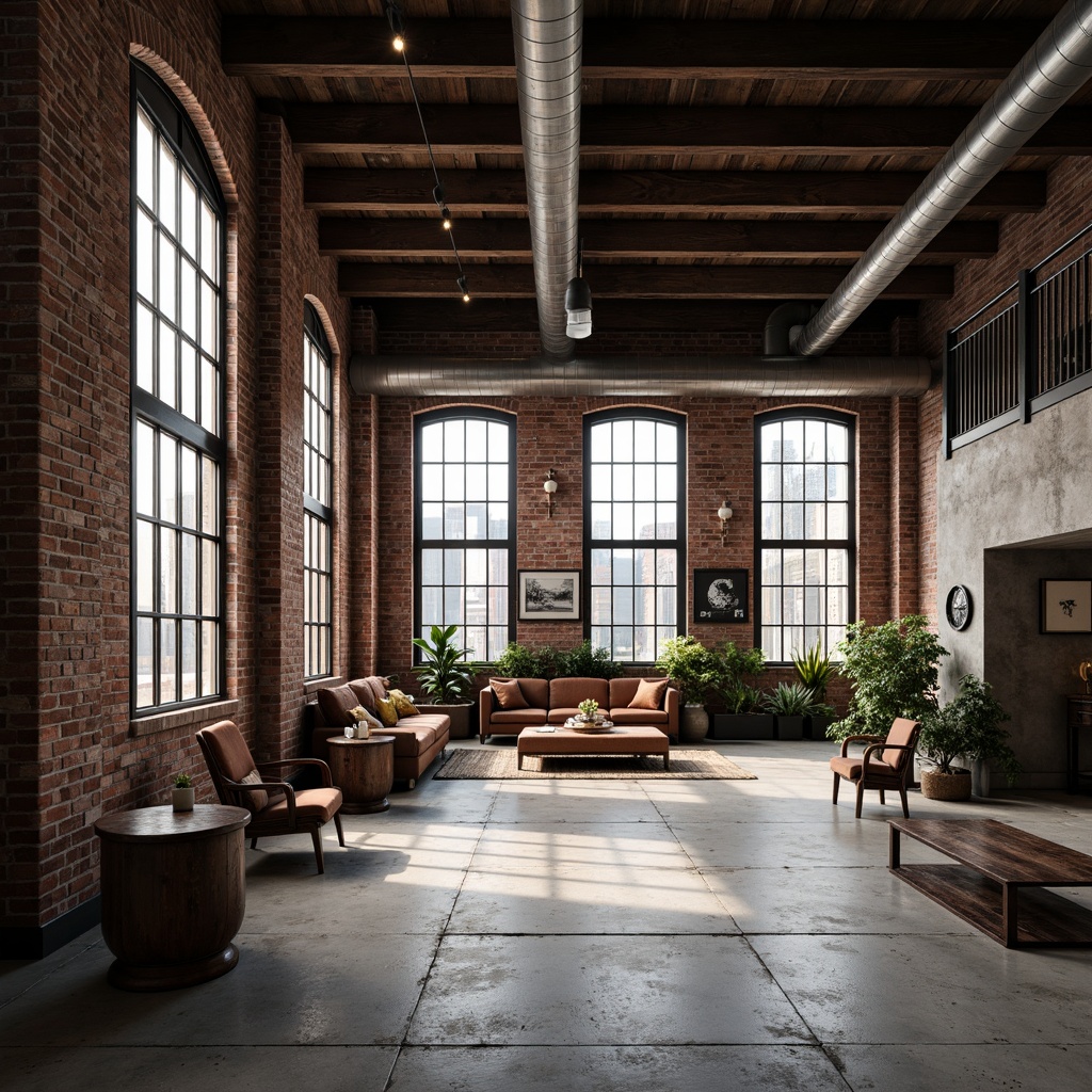 Prompt: Exposed brick walls, metal beams, reclaimed wood accents, industrial-chic lighting fixtures, urban loft atmosphere, distressed concrete floors, functional pipes, modern minimalism, steel frame windows, neutral color palette, edgy architectural lines, abandoned factory feel, rustic textures, moody ambient lighting, high ceilings, open space layout, eclectic decorative elements, vintage machinery parts, mechanical details, avant-garde composition, dramatic shadows, gritty realism.