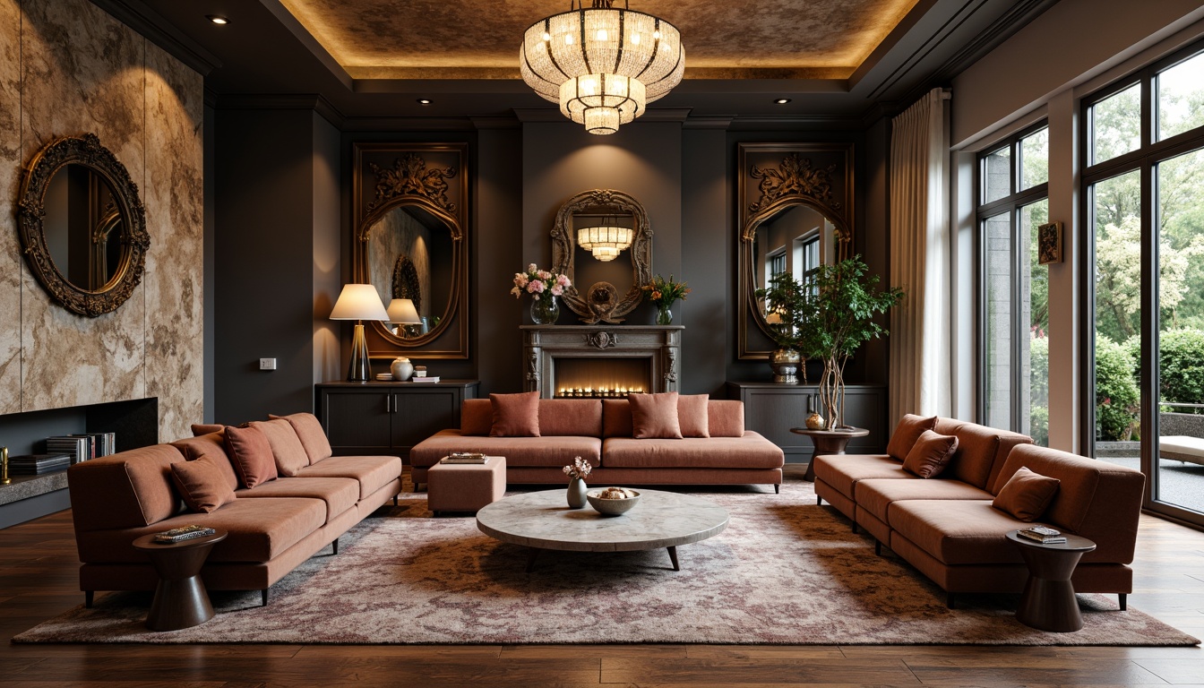 Prompt: Luxurious living room, velvet sofas, marble coffee tables, wooden flooring, plush area rugs, metallic accents, ornate mirrors, crystal chandeliers, textured wallpaper, natural stone fireplaces, cozy reading nooks, warm ambient lighting, shallow depth of field, 1/1 composition, realistic renderings, ambient occlusion.