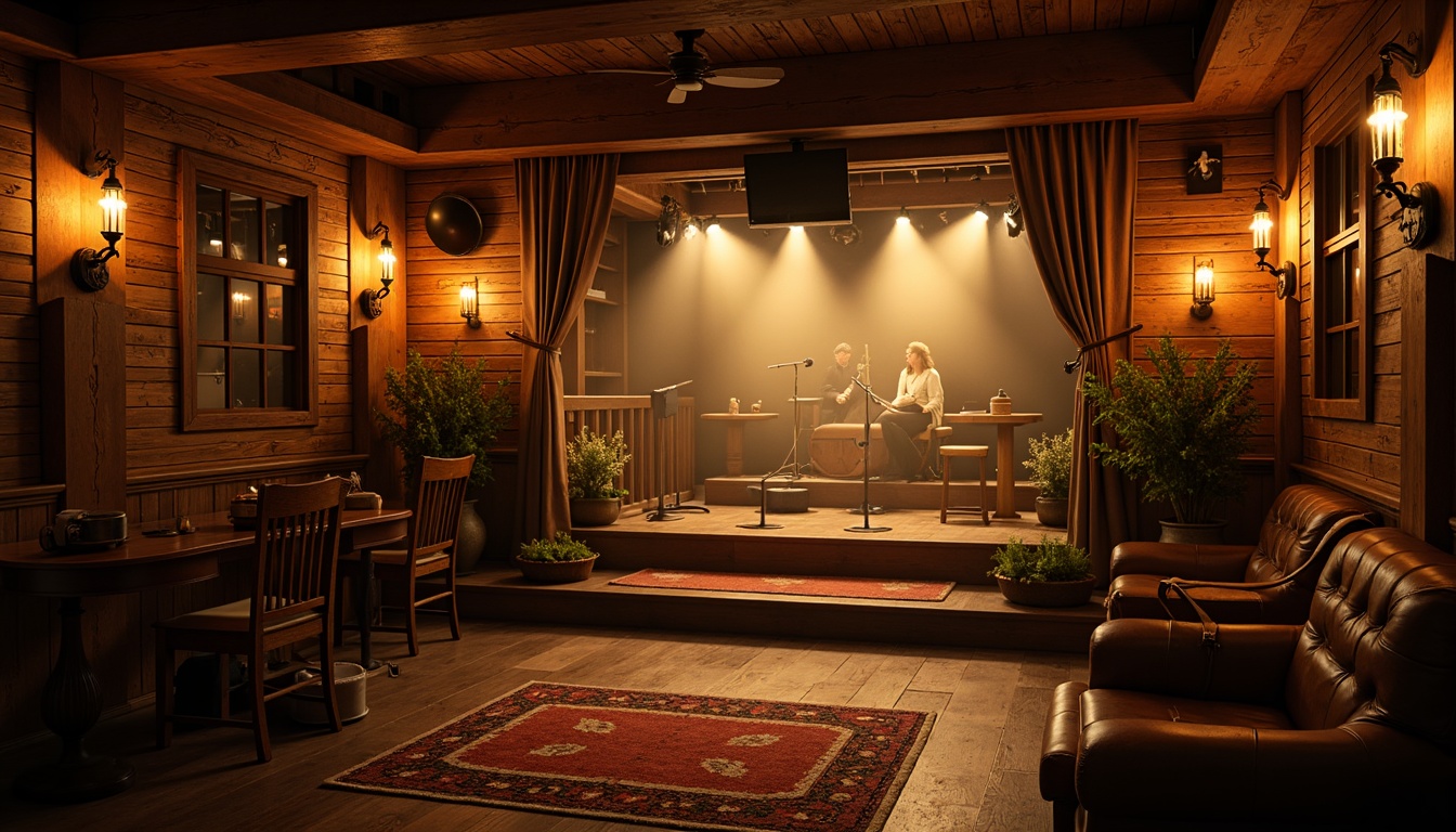 Prompt: Cozy music venue, rustic wooden accents, vintage instruments, warm dimmable lighting, soft glowing lanterns, Edison bulb fixtures, rich leather upholstery, dark wood tones, earthy color palette, intimate performance space, raised stage, audience seating area, ornate metalwork, intricate stonework, warm golden lighting, shallow depth of field, 1/2 composition, soft focus, atmospheric mist, warm and inviting ambiance.