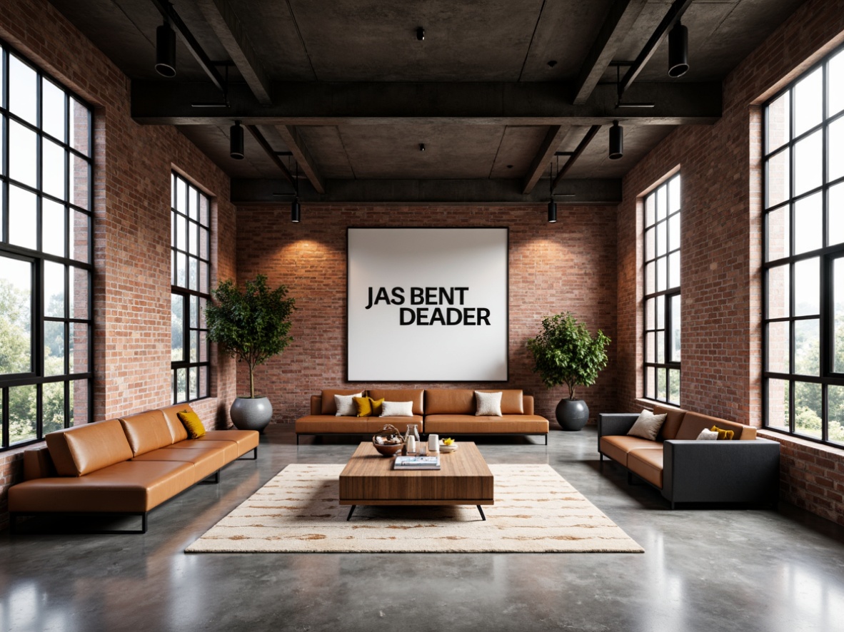 Prompt: Industrial chic, exposed brick walls, polished concrete floors, steel beams, minimalist decor, bold typography, primary color accents, geometric patterns, matte black metal frames, smooth wooden surfaces, leather upholstery, industrial-style lighting fixtures, functional minimalism, clean lines, rectangular shapes, functional simplicity, urban loft atmosphere, natural light pouring in, high ceilings, open spaces, brutalist architecture, raw concrete textures, metallic reflections, subtle shadows, low-key ambient lighting, 1/1 composition, symmetrical balance.