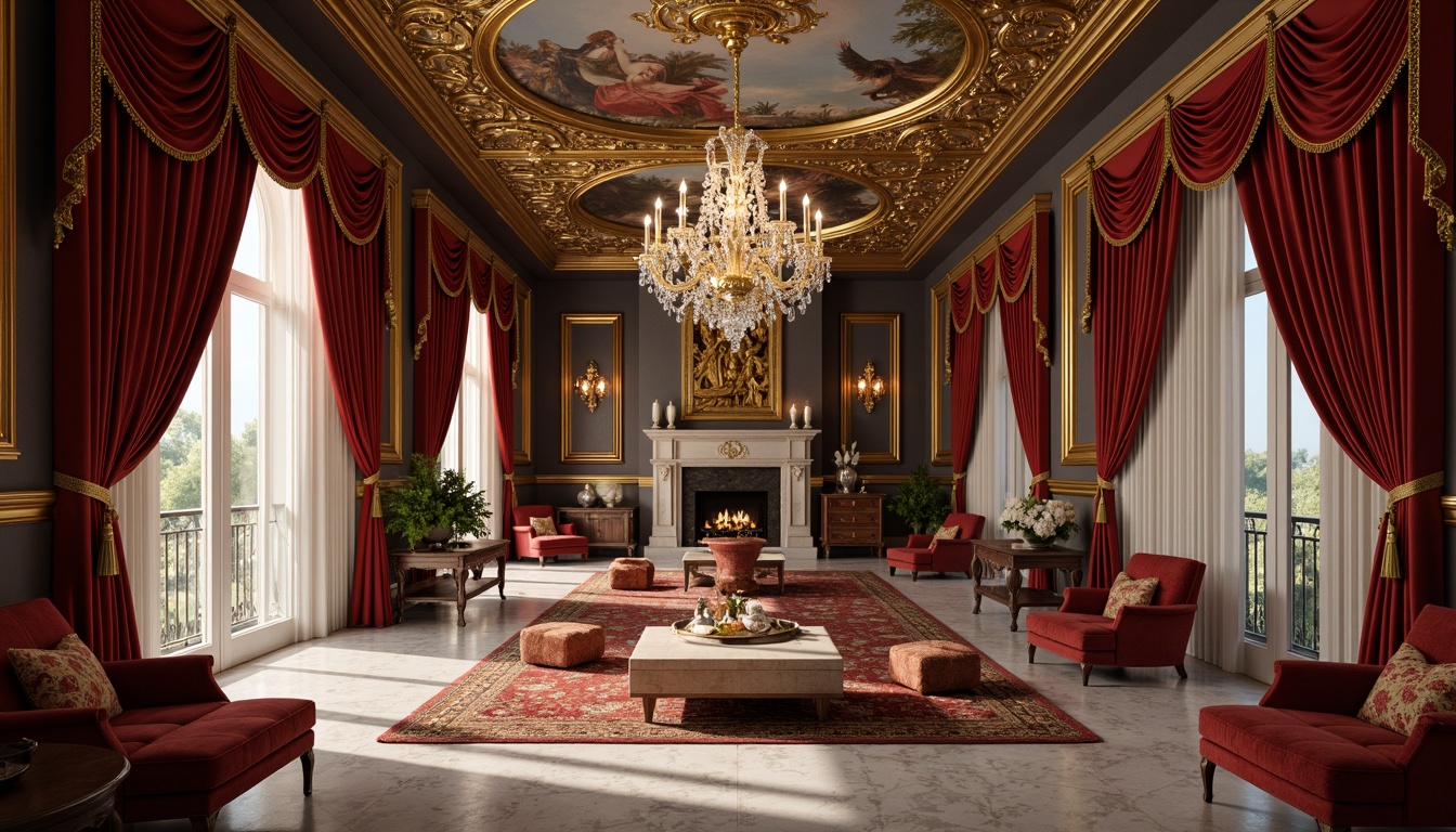 Prompt: Opulent velvet drapes, intricate golden filigree, ornate crystal chandeliers, luxurious marble floors, grandiose fresco ceilings, richly carved wooden furniture, majestic stone fireplaces, lavish satin upholstery, dramatic curved lines, elaborate decorative moldings, soft warm candlelight, 1/1 composition, shallow depth of field, realistic textures, ambient occlusion.