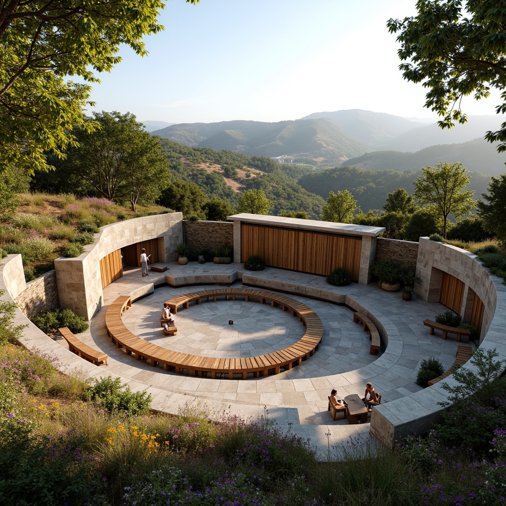 Prompt: Rustic outdoor amphitheater, natural stone seating, wooden benches, lush greenery, blooming wildflowers, earthy terrain, rolling hills, serene landscape, warm sunlight, soft shadows, organic architecture, curved lines, blended edges, reclaimed wood accents, living roofs, native plant species, eco-friendly materials, minimalist design, functional simplicity, panoramic views, shallow depth of field, 3/4 composition, realistic textures.