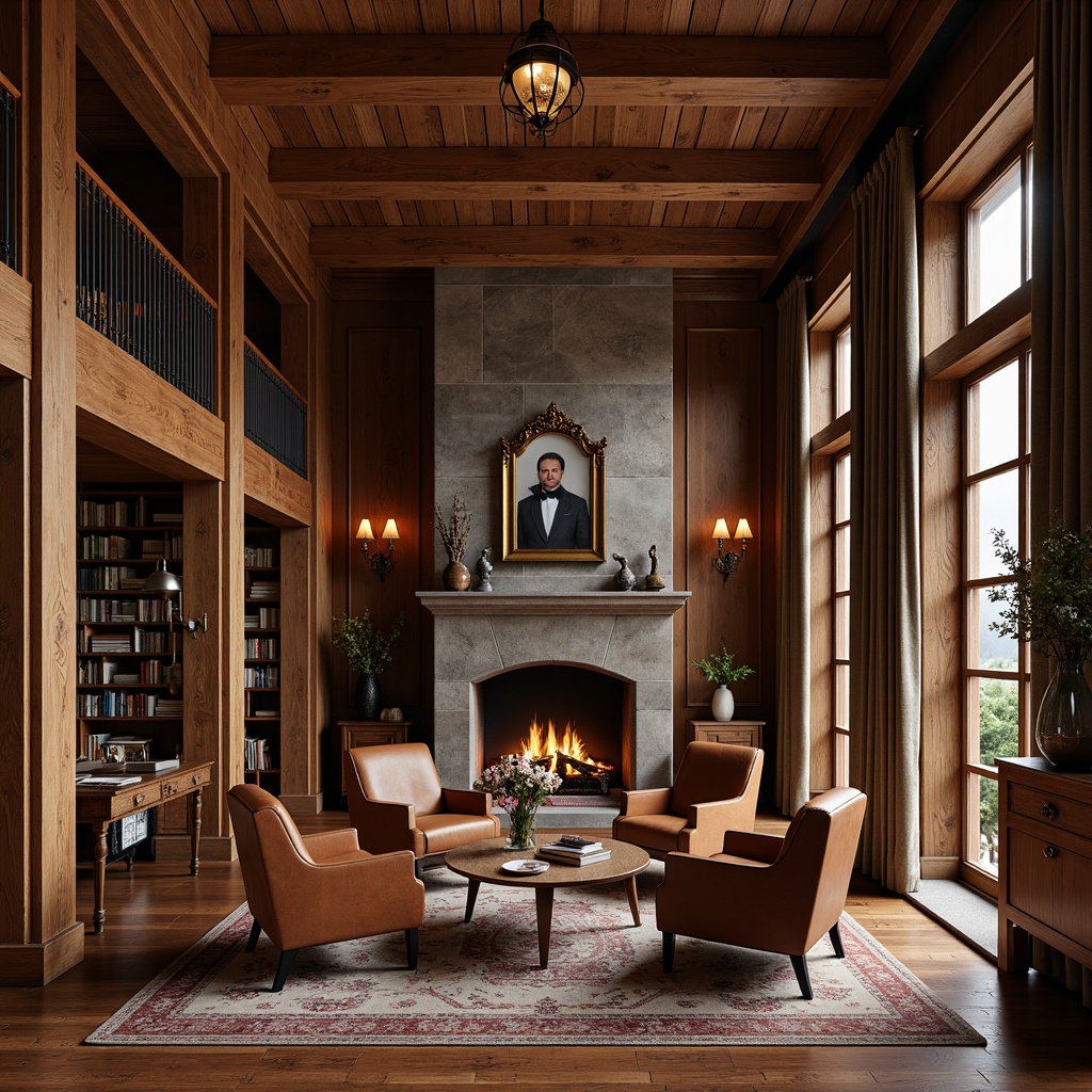 Prompt: Warm wooden accents, rich walnut tones, traditional craftsmanship, ornate carvings, rustic wooden beams, distressed textures, vintage metal hardware, earthy color palette, cozy reading nooks, plush leather armchairs, natural stone fireplaces, soft warm lighting, shallow depth of field, 3/4 composition, realistic wood grain, ambient occlusion.