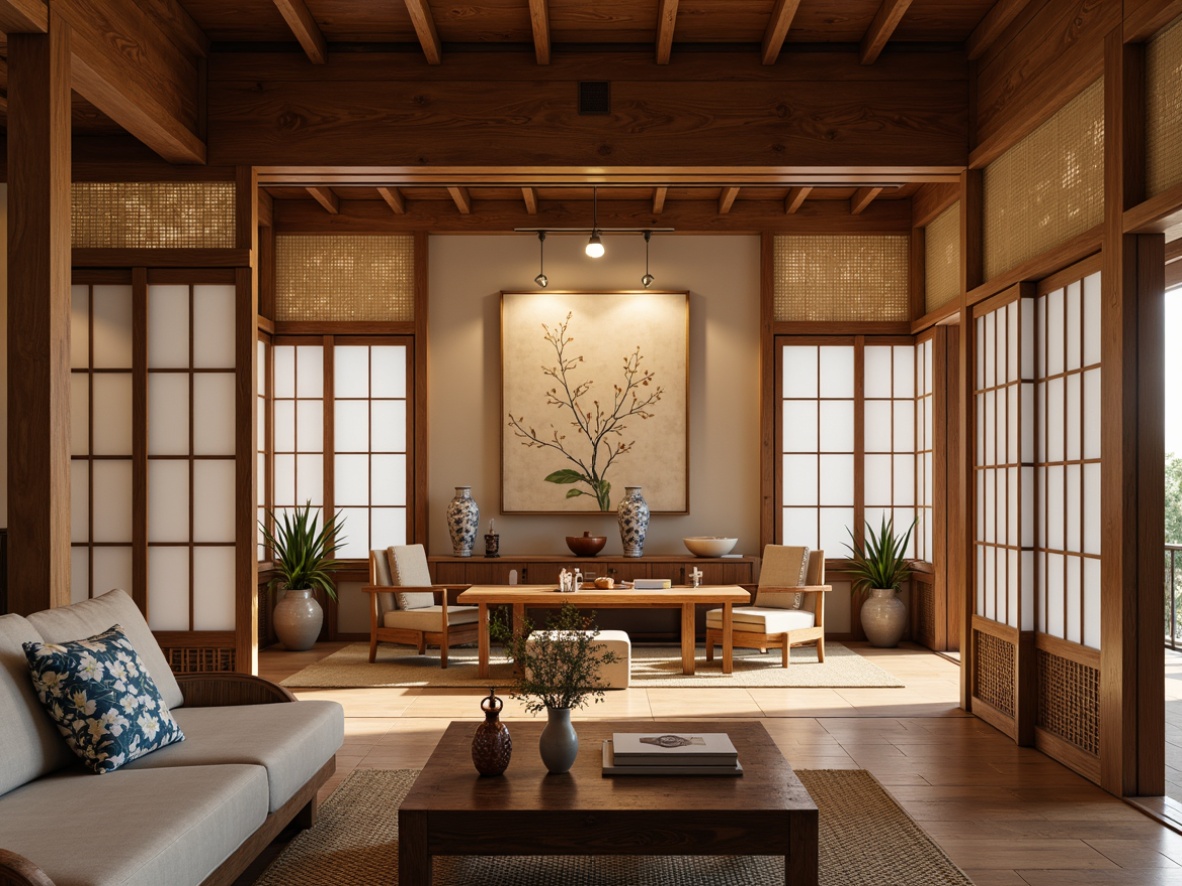 Prompt: Traditional Japanese sliding doors, natural wood accents, woven bamboo textures, intricately carved wooden furniture, vibrant silk fabrics, hand-painted porcelain vases, delicate paper lanterns, subtle rice paper screens, warm soft lighting, cozy intimate spaces, minimalist ornamentation, subtle gradient color transitions, 1/2 composition, shallow depth of field, realistic reflections, ambient occlusion.