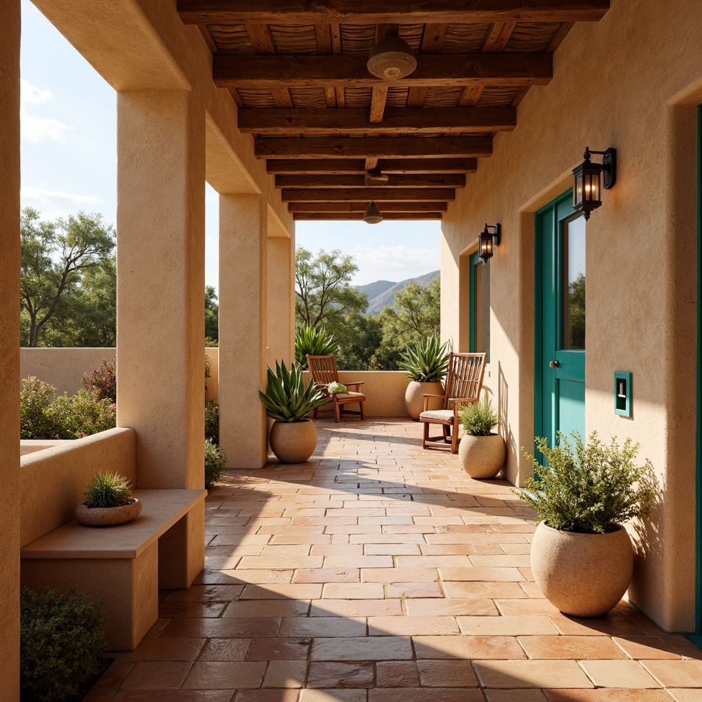 Prompt: Southwestern adobe-style villa, earthy tone flooring, rustic wooden planks, terracotta tiles, natural stone pavers, handmade ceramic accents, warm beige walls, vibrant turquoise accents, desert botanicals, cacti plants, sunny arid climate, warm golden lighting, shallow depth of field, 3/4 composition, panoramic view, realistic textures, ambient occlusion.