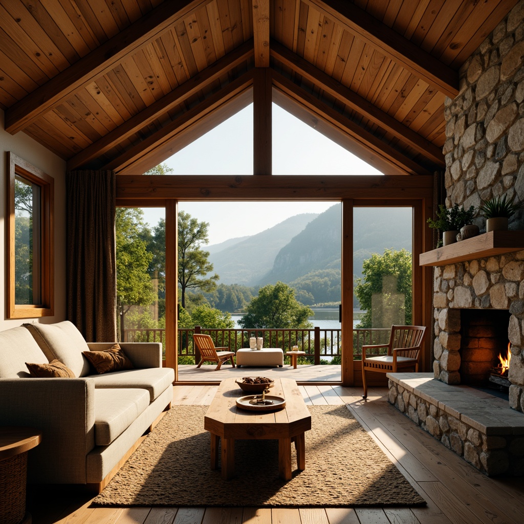 Prompt: Earthy toned cabin, wooden logs, rustic stone fireplace, cozy plush furniture, natural woven textiles, warm golden lighting, soft misty atmosphere, lush green forest surroundings, mist-covered mountains, serene lake views, warm beige color palette, earthy scent, crackling fire sounds, 1/2 composition, shallow depth of field, realistic wood grain textures.