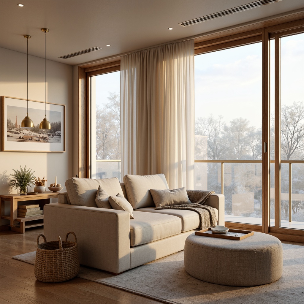 Prompt: Cozy Nordic living room, warm beige walls, light wood accents, minimalist furniture, soft pastel colors, natural textiles, woven baskets, pendant lamps, candlelight, ambient glow, subtle shadows, cozy reading nook, floor-to-ceiling windows, sheer white curtains, snowflake-inspired patterns, frosted glass surfaces, gentle morning light, 1/2 composition, atmospheric rendering, realistic reflections.