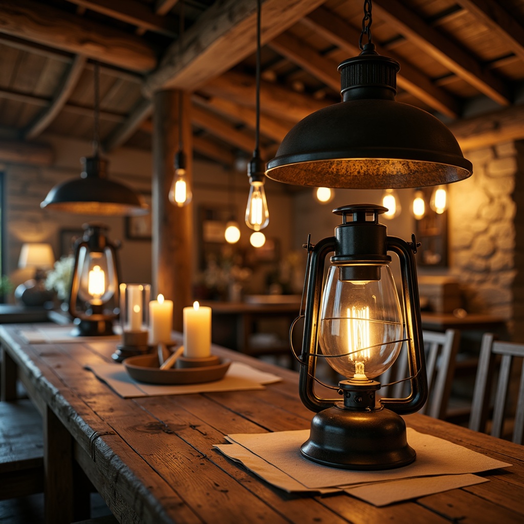 Prompt: Vintage metal lanterns, distressed wood accents, earthy tone shades, Edison bulb filaments, wrought iron chandeliers, candles in mercury glass holders, rustic wooden beams, natural stone walls, reclaimed wood furniture, cozy cabin atmosphere, warm golden lighting, soft ambient glow, shallow depth of field, 1/1 composition, intimate close-up shots, realistic textures, subtle lens flares.