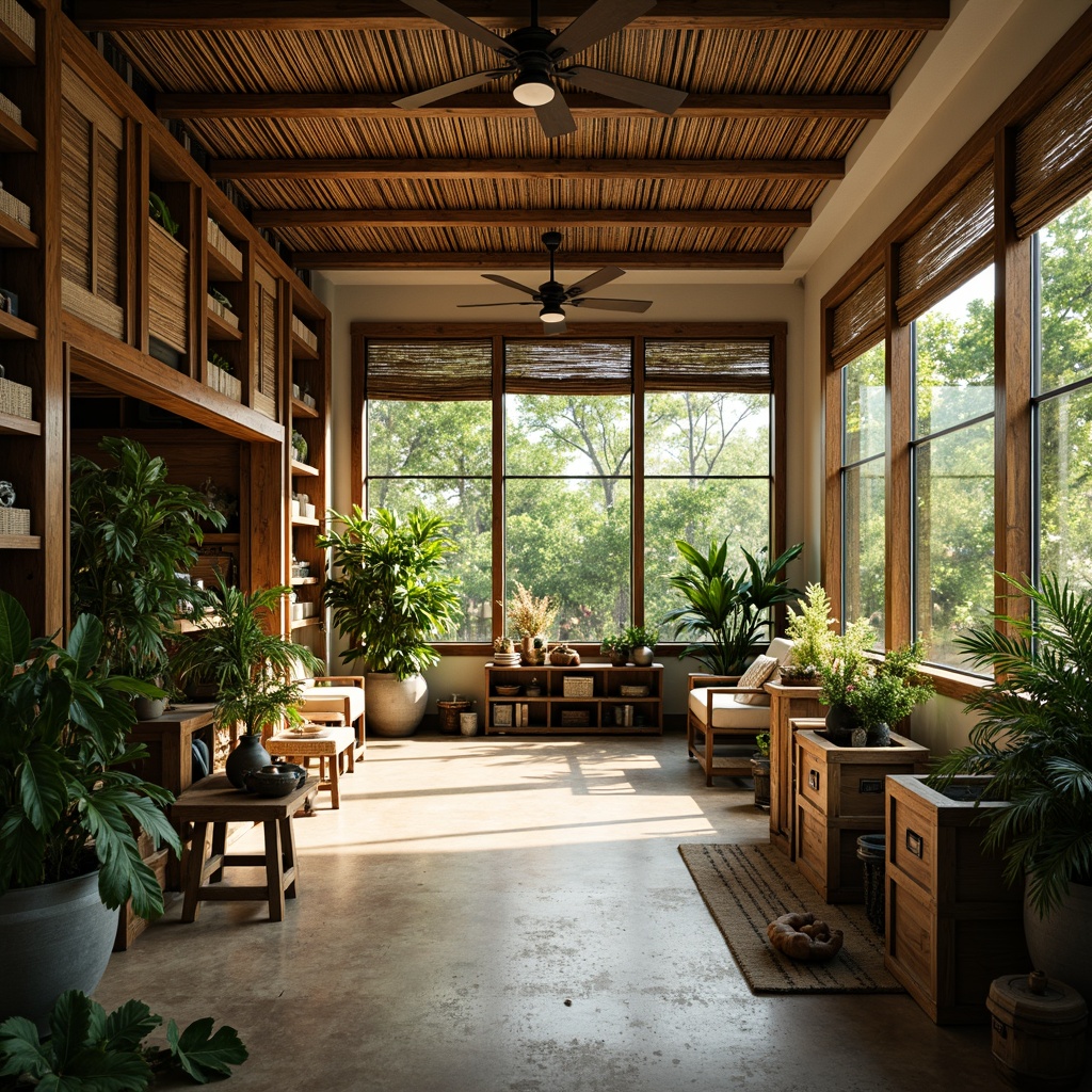 Prompt: Tropical storage room, natural ventilation, large windows, sliding glass doors, louvered walls, breathable materials, woven bamboo shades, wooden crates, rustic metal shelving, earthy color palette, organic textures, lush greenery, overhead fans, soft diffused lighting, shallow depth of field, 1/1 composition, realistic renderings, ambient occlusion.