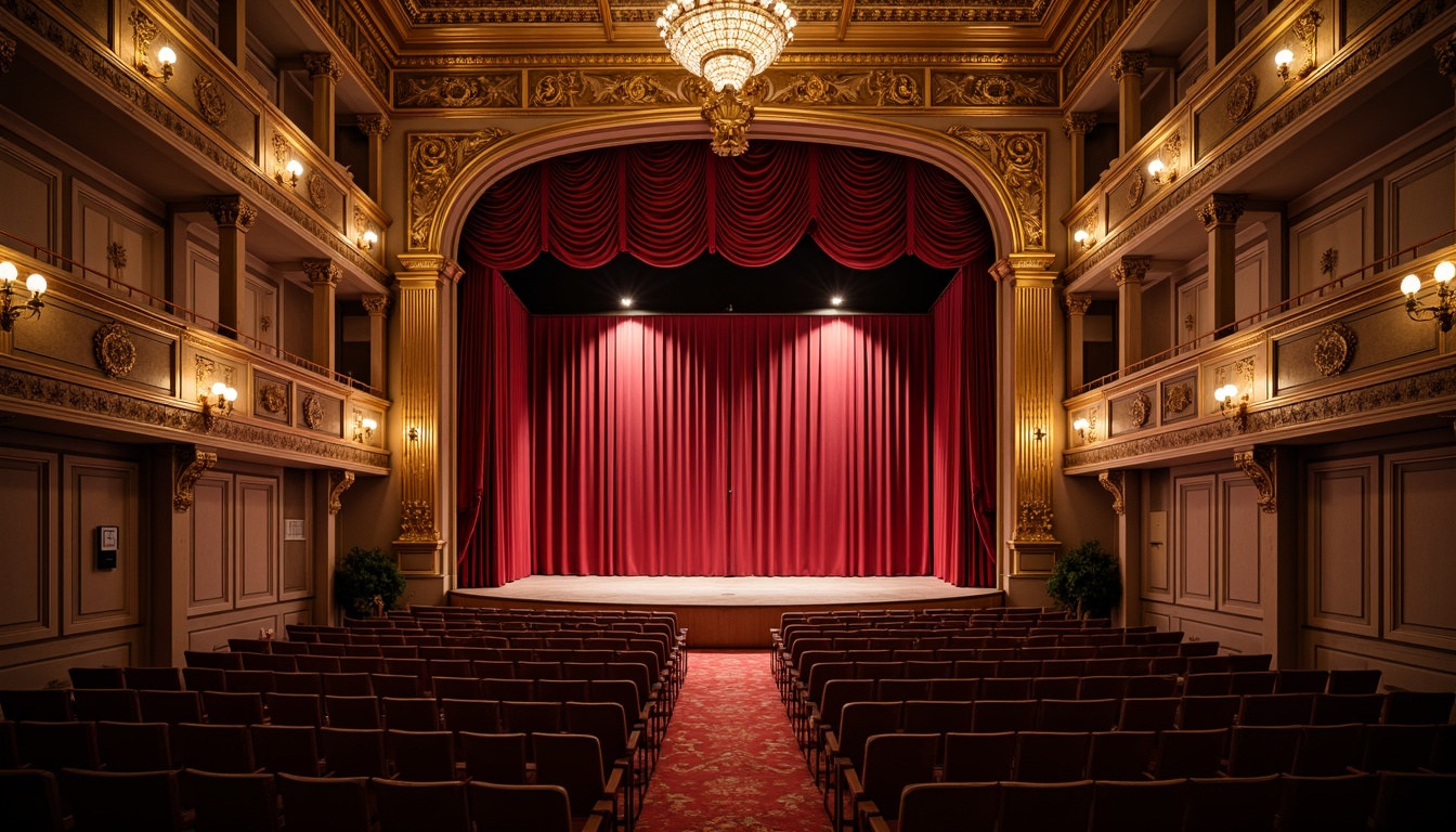 Prompt: Elegant auditorium, ornate golden details, rich velvet curtains, traditional proscenium arch, intricate wooden paneling, classic balcony seating, plush red carpeting, ornamental chandeliers, subtle warm lighting, shallow depth of field, 2/3 composition, realistic textures, ambient occlusion.