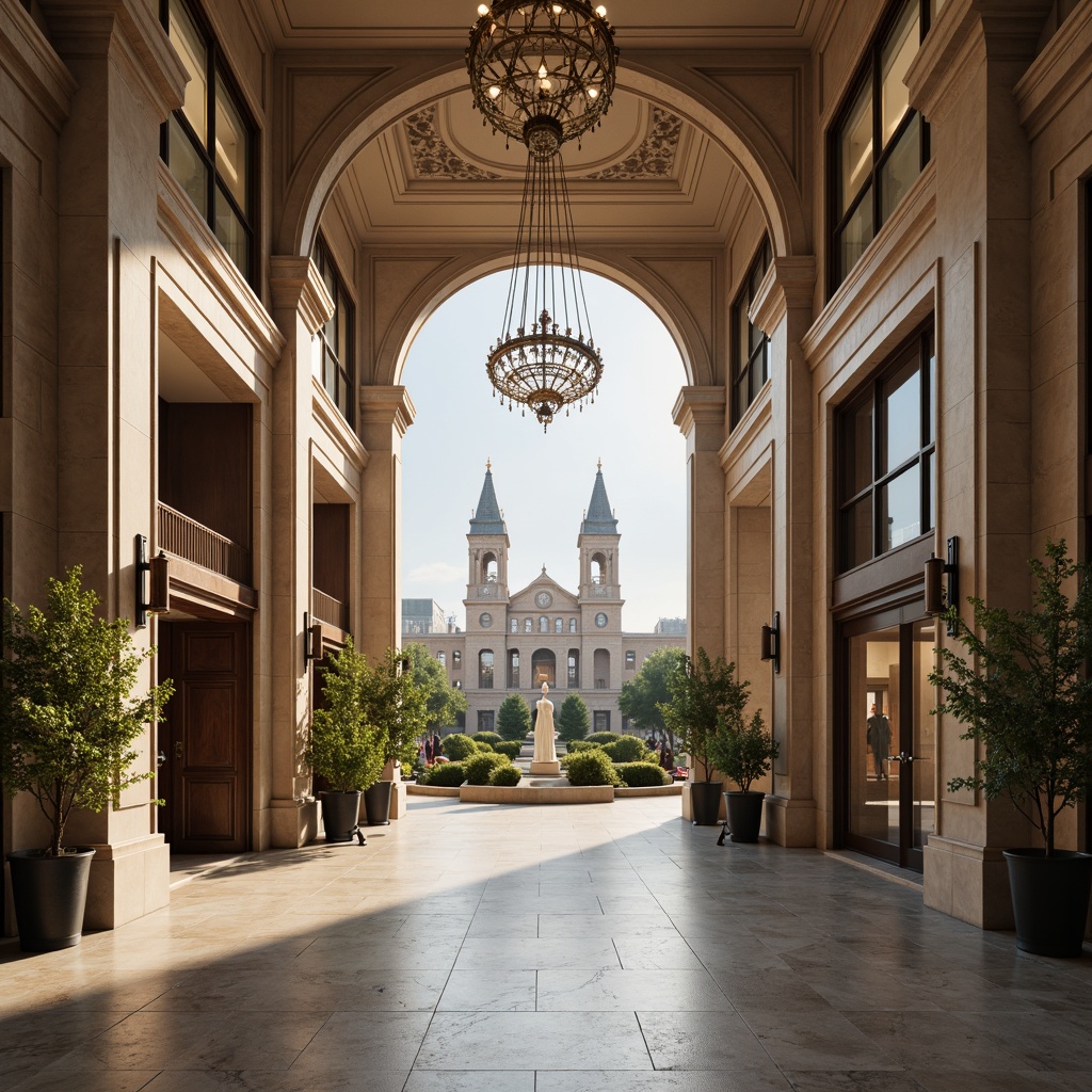 Prompt: Grand entrance hall, high ceilings, ornate chandeliers, marble floors, neoclassical columns, symmetrical facade, imposing stone structures, formal landscaping, manicured lawns, classical statues, intricate moldings, ornate doorways, bronze hardware, community center signage, stately clock towers, subtle warm lighting, 1/1 composition, realistic textures, ambient occlusion.