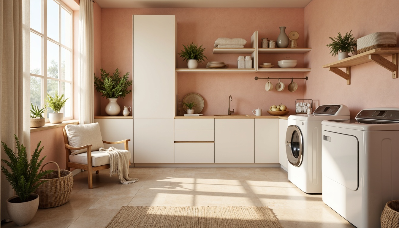 Prompt: Mid-century modern laundry room, pastel color palette, soft peach walls, creamy white cabinets, warm beige floors, retro-style washing machine, vintage dryer, decorative metal accents, rounded edges, organic shapes, natural light pouring in, sheer curtains, linen fabrics, woven baskets, subtle texture, cozy atmosphere, warm neutral tones, soft focus, shallow depth of field, 1/1 composition, realistic render.