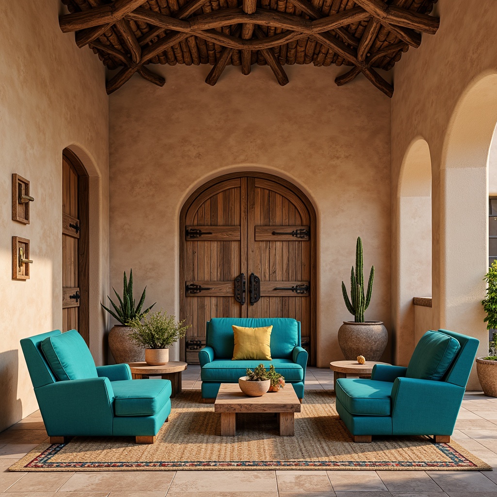 Prompt: Earth-toned adobe walls, rustic wooden doors, vibrant turquoise accents, natural stone flooring, woven wool rugs, plush velvet furniture, desert botanicals, cacti arrangements, warm beige stucco exteriors, terracotta roof tiles, arched windows, ornate metal door hardware, colorful geometric patterns, distressed wood beams, soft warm lighting, shallow depth of field, 3/4 composition, realistic textures.