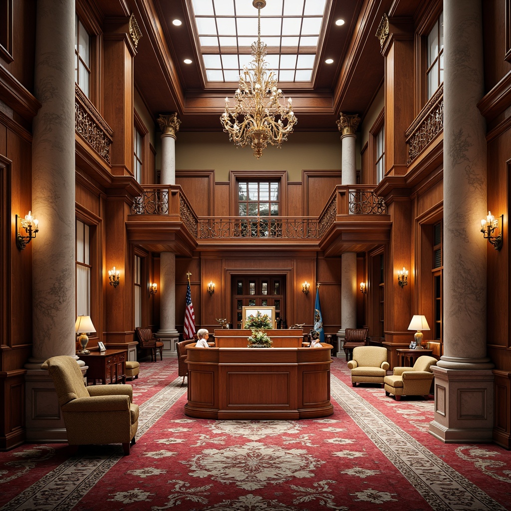 Prompt: Elegant courthouse interior, rich wood paneling, luxurious carpets, ornate chandeliers, stately columns, intricate stone carvings, comfortable seating areas, vibrant textile patterns, sophisticated color schemes, ambient lighting, 1/1 composition, shallow depth of field, realistic materials, warm atmosphere, formal tone, classic architecture, grand staircases, spacious atriums, natural light pouring in.