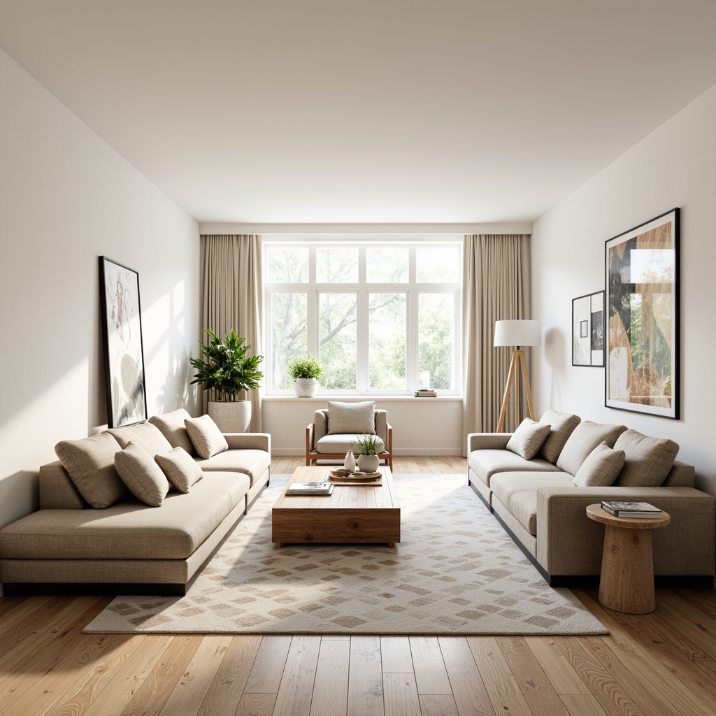 Prompt: Light-filled living room, wooden floorboards, minimal ornamentation, Scandinavian-inspired furniture, simple shapes, natural materials, light wood tones, beige upholstery, comfortable couches, sleek coffee tables, geometric-patterned rugs, floor-to-ceiling windows, soft diffused lighting, 1/1 composition, realistic textures, ambient occlusion.