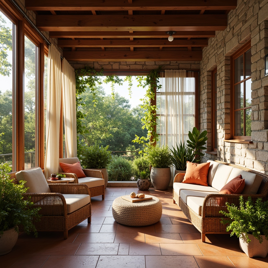 Prompt: Cozy sunroom, natural wood accents, woven rattan furniture, plush velvet cushions, warm terracotta flooring, rustic stone walls, lush greenery, vines climbing up trellises, soft diffused light, sheer curtains billowing in breeze, wooden beam ceiling, earthy color palette, organic shapes, natural fibers, woven baskets, potted plants, comfortable reading nooks, tranquil ambiance, morning sunlight, gentle warm glow, 1/1 composition, realistic textures, ambient occlusion.