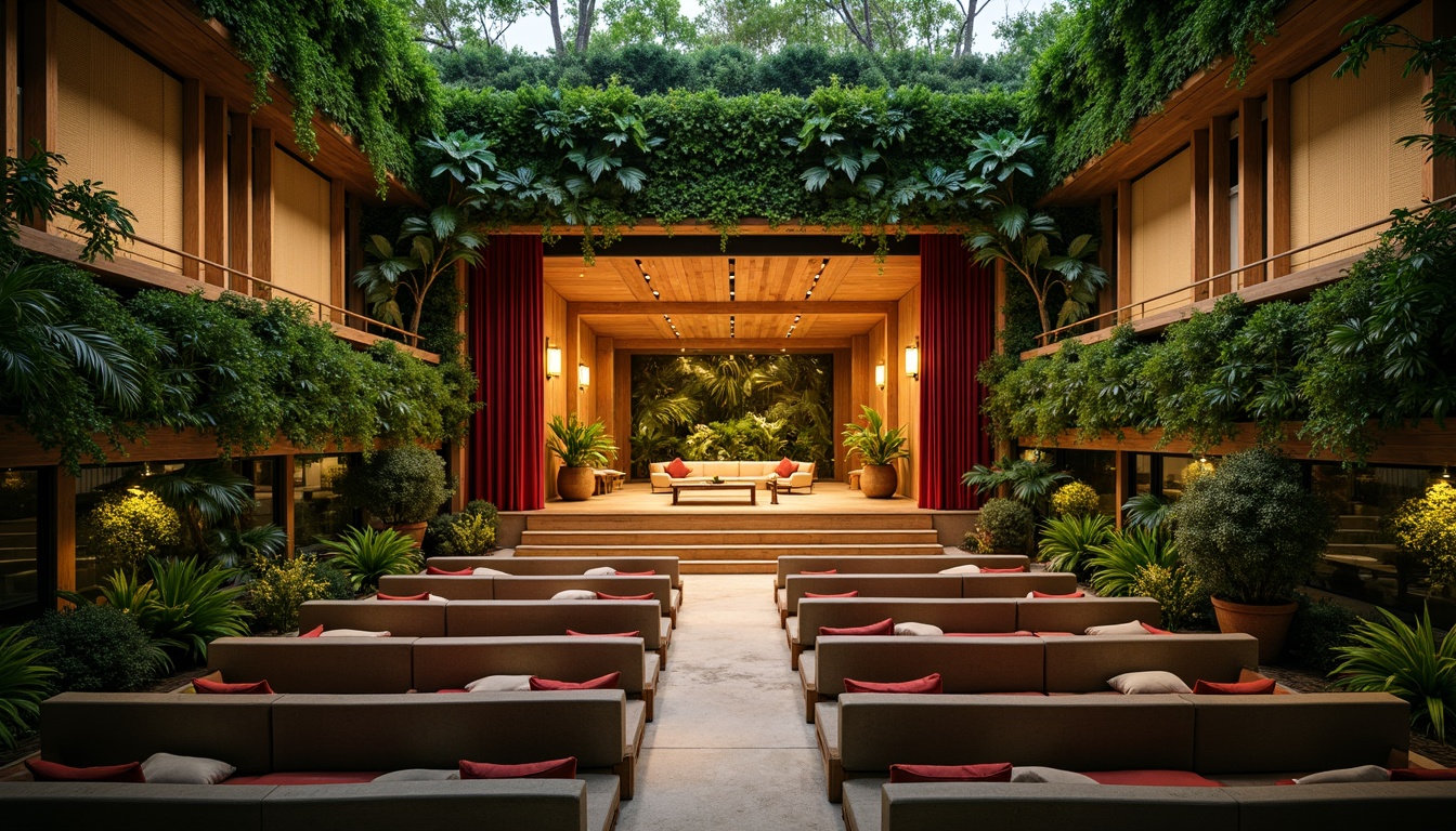 Prompt: Vibrant tropical theater, lush green walls, wooden stage, cozy seating area, acoustic panels with woven fibers, natural wood grains, warm ambient lighting, soft cushioned chairs, exotic plant decor, bamboo accents, earthy tone color scheme, high ceilings, minimal ornamentation, subtle textures, realistic reflections, shallow depth of field, 3/4 composition, panoramic view.