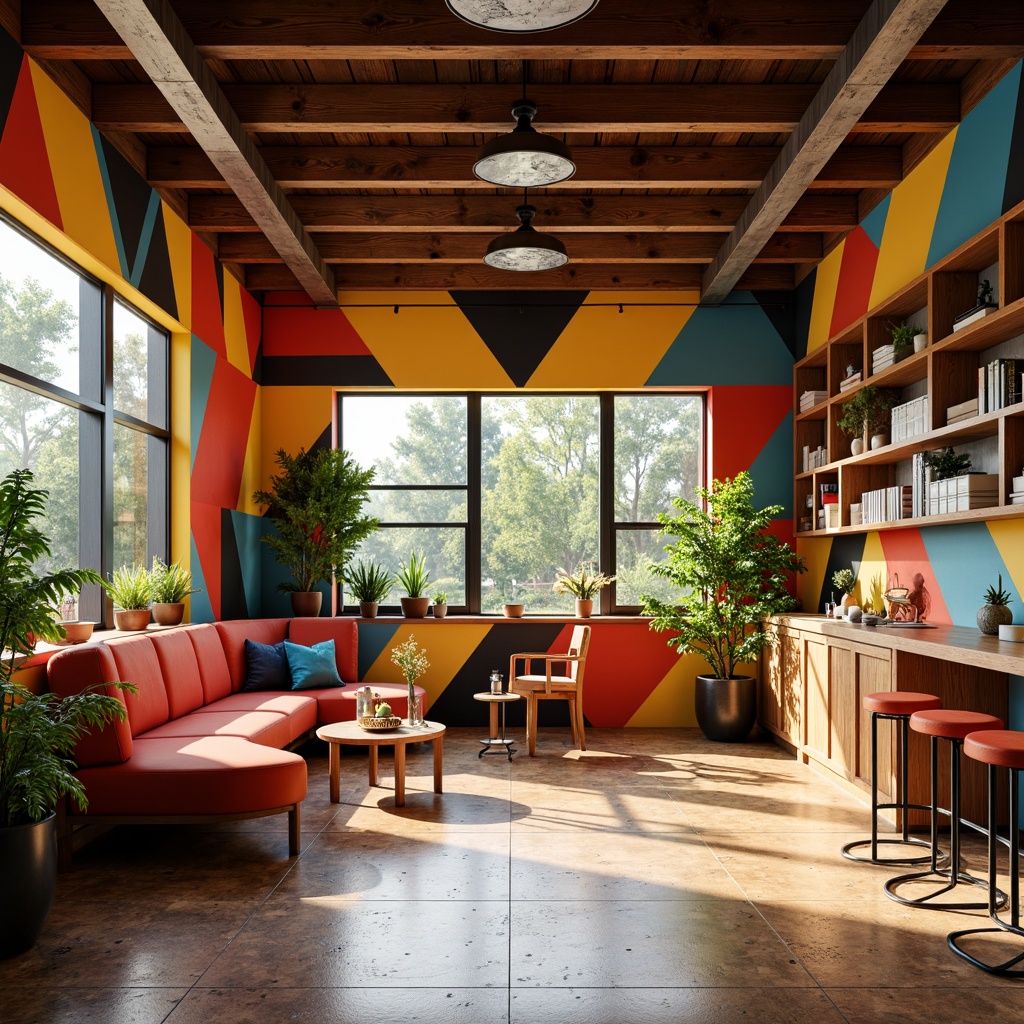 Prompt: Vibrant Bauhaus interior, bold geometric patterns, primary color accents, sleek industrial materials, polished metal fixtures, rich wood tones, minimalist decorative elements, functional storage solutions, ample natural light, soft warm glow, shallow depth of field, 3/4 composition, panoramic view, realistic textures, ambient occlusion.