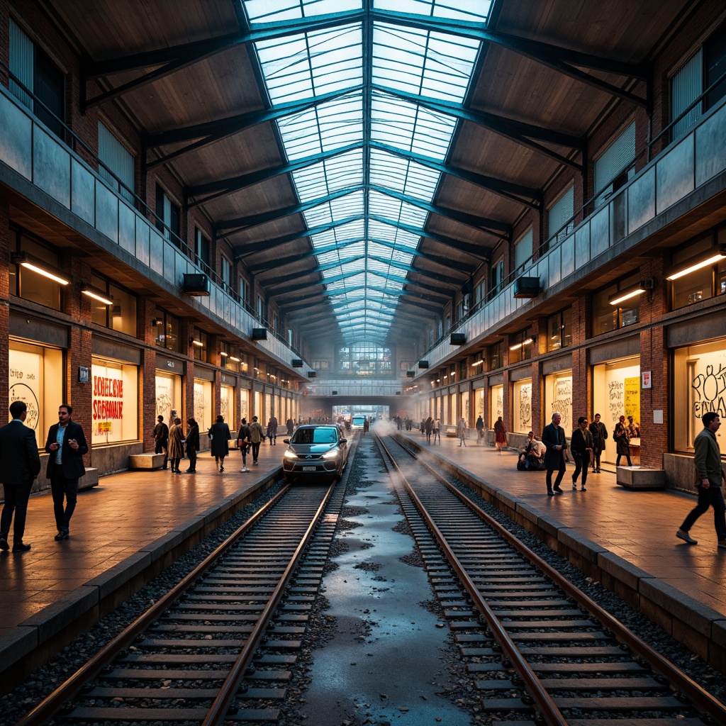 Prompt: Vibrant train station, industrial chic architecture, exposed brick walls, metallic accents, sleek glass roofs, modern LED lighting, urban cityscape, bustling crowds, dynamic movement, warm beige tones, deep blues, rich reds, energetic yellows, bold typography, urban graffiti, distressed textures, atmospheric fog, softbox lighting, 1-point perspective, cinematic composition.