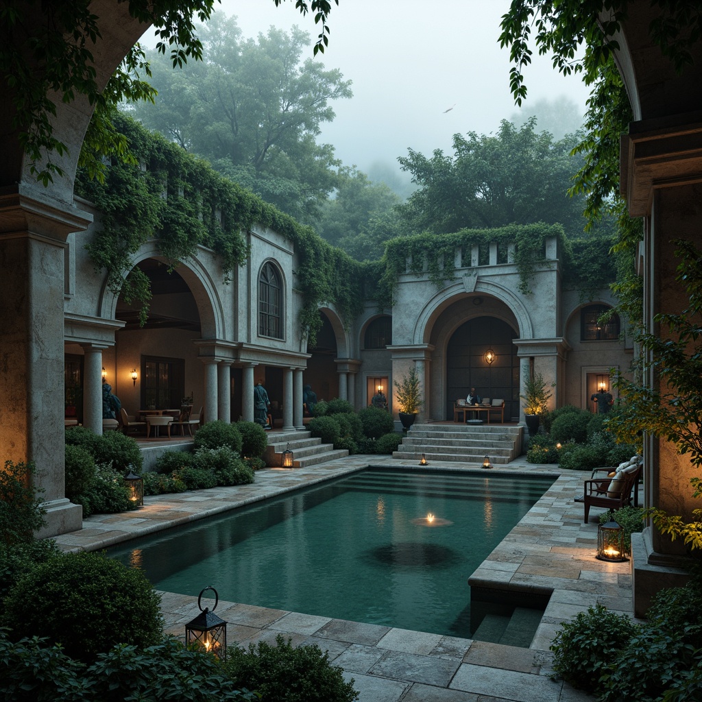 Prompt: Mysterious gothic pool setting, medieval-inspired stone walls, ivy-covered arches, grandiose fountains, misty atmosphere, soft warm lighting, shallow depth of field, 3/4 composition, panoramic view, realistic textures, ambient occlusion, dark mysterious colors, ornate metalwork, intricate carvings, moss-covered statues, vintage lanterns, rustic wooden benches, overgrown vegetation, eerie ambiance, dramatic shadows.