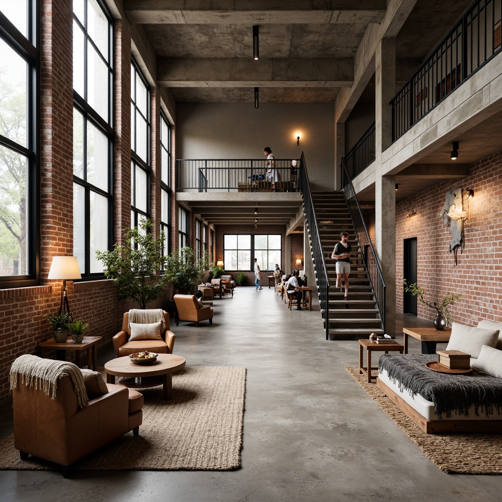 Prompt: Industrial-chic dormitory building, exposed brick walls, polished concrete floors, metal frame windows, minimalist decor, reclaimed wood accents, urban loft-inspired atmosphere, cozy reading nooks, modern task lighting, warm neutral color palette, textured throw blankets, industrial-style metal stairs, distressed leather furniture, raw concrete ceilings, eclectic mix of vintage and modern decorative items, softbox lighting, 1/1 composition, realistic textures, ambient occlusion.