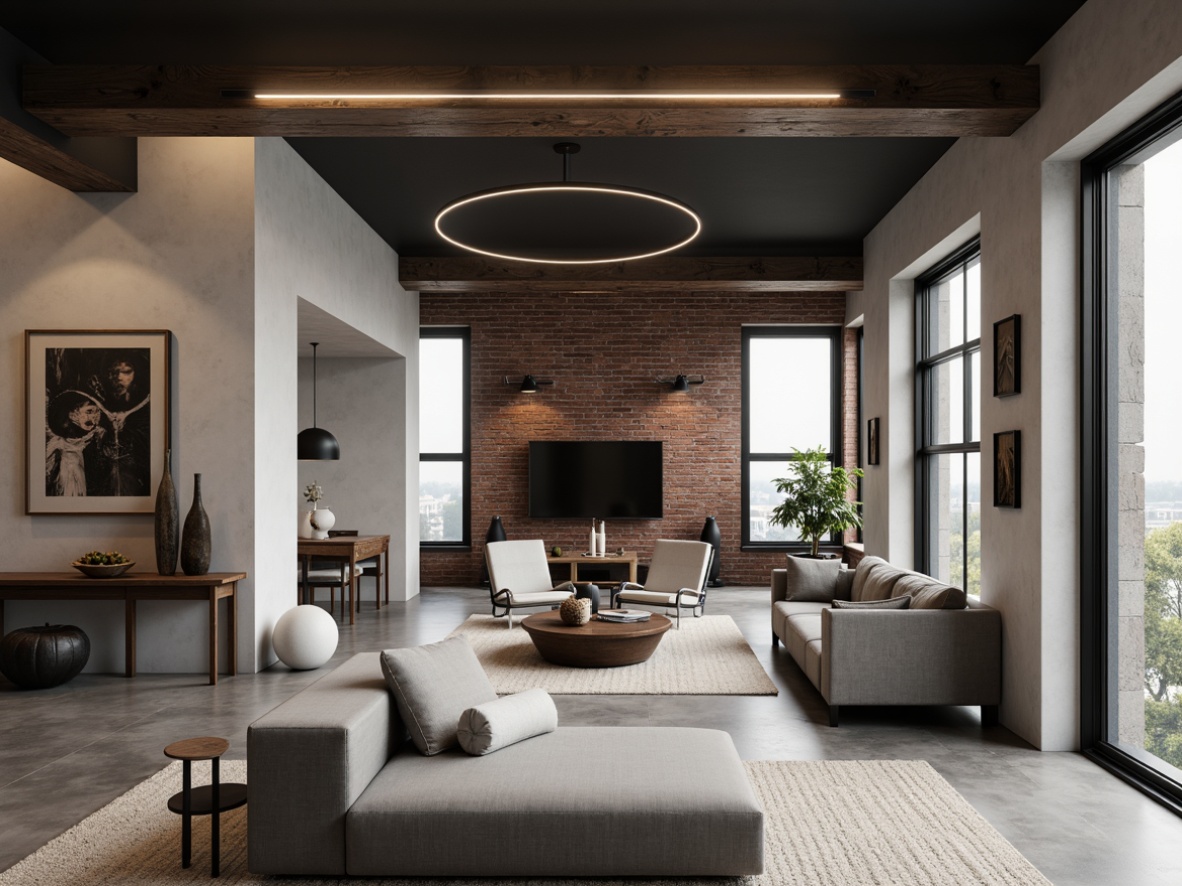 Prompt: Minimalist living room, industrial-style furniture, monochromatic color scheme, polished concrete floors, exposed brick walls, geometric-shaped decor, functional lighting fixtures, open-plan layout, movable partitions, multi-functional spaces, modern artwork, abstract sculptures, natural textiles, warm ambient lighting, 1/1 composition, shallow depth of field, soft focus, realistic materials.