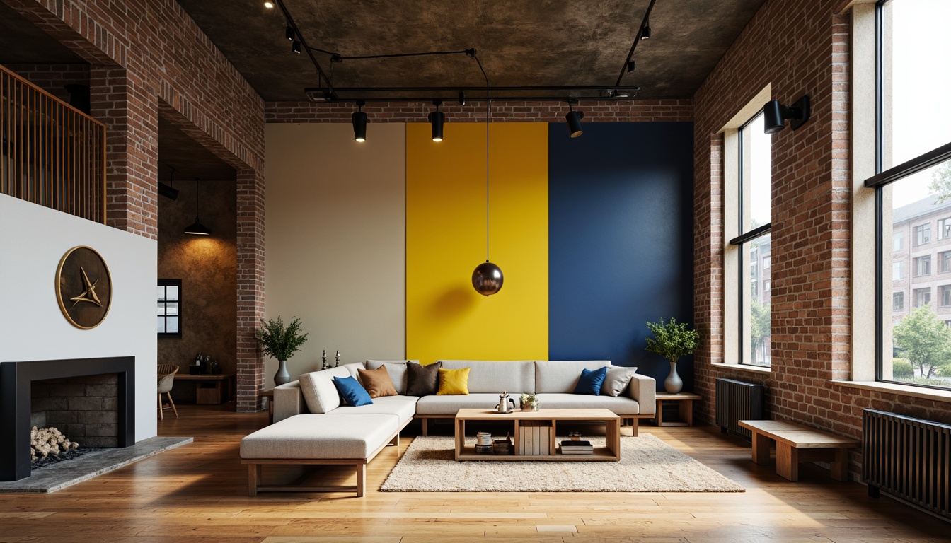 Prompt: Bauhaus-inspired interior, primary color scheme, bold geometric shapes, industrial materials, exposed brick walls, metal accents, minimalist decor, functional furniture, clean lines, monochromatic tones, rich textures, natural light, airy atmosphere, Scandinavian influences, earthy undertones, warm beige, deep blue, vibrant yellow, matte black, subtle gradient effects, 1/2 composition, atmospheric lighting, soft focus.