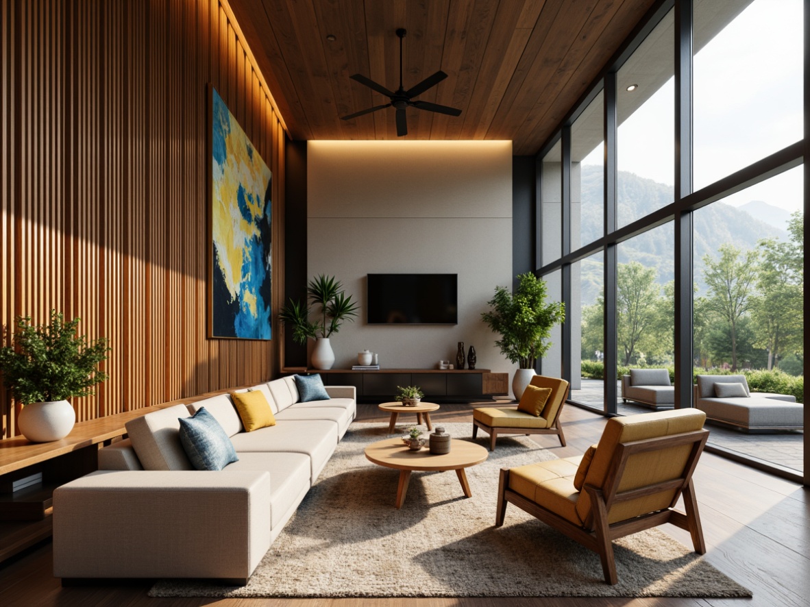 Prompt: Vibrant living room, bold accent walls, rich wood furniture, plush area rugs, soft warm lighting, cozy atmosphere, nature-inspired color palette, earthy tones, calming blues, creamy whites, luxurious fabrics, textured throw pillows, metallic accents, modern minimalist decor, floor-to-ceiling windows, natural daylight, subtle shading, 1/1 composition, realistic rendering, ambient occlusion.