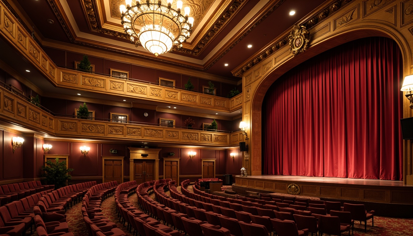 Prompt: Elegant auditorium interior, ornate wooden paneling, rich red velvet curtains, polished brass fixtures, intricate plaster ceiling, traditional seating arrangement, warm golden lighting, subtle shadows, shallow depth of field, 2/3 composition, realistic wood textures, ambient occlusion, grand chandelier, refined carpeting, acoustic soundproofing materials, resonant chamber design, optimized speaker placement, precise echo reduction.